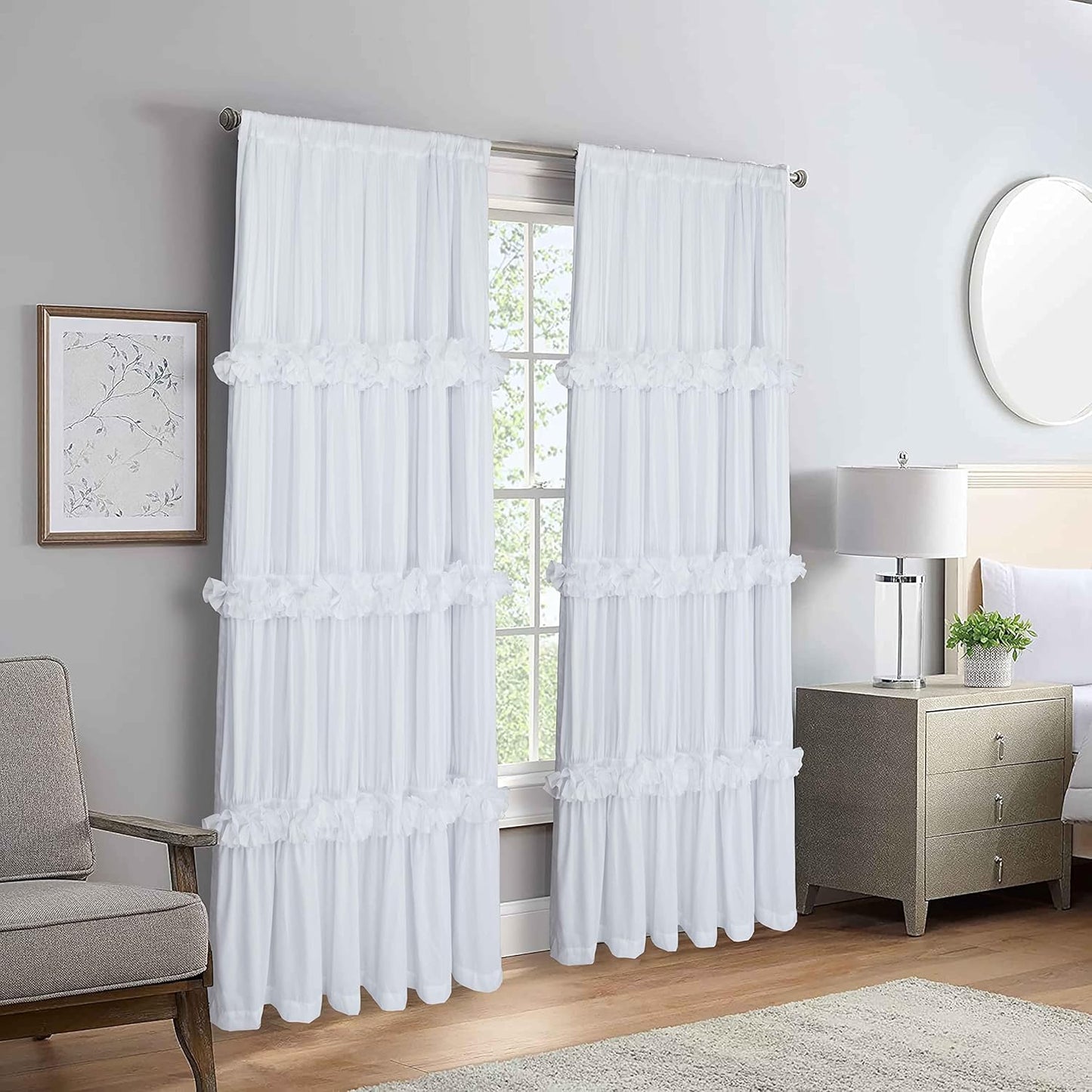 Thermal Insulated Blackout Window Curtains, 54" W x 84" L x 2 Panels, Boho Ruched Window Treatments with 3 Rows of Butterfly Flowers, Rustic Rod Pocket Drapes for Room, White (LQ-30)