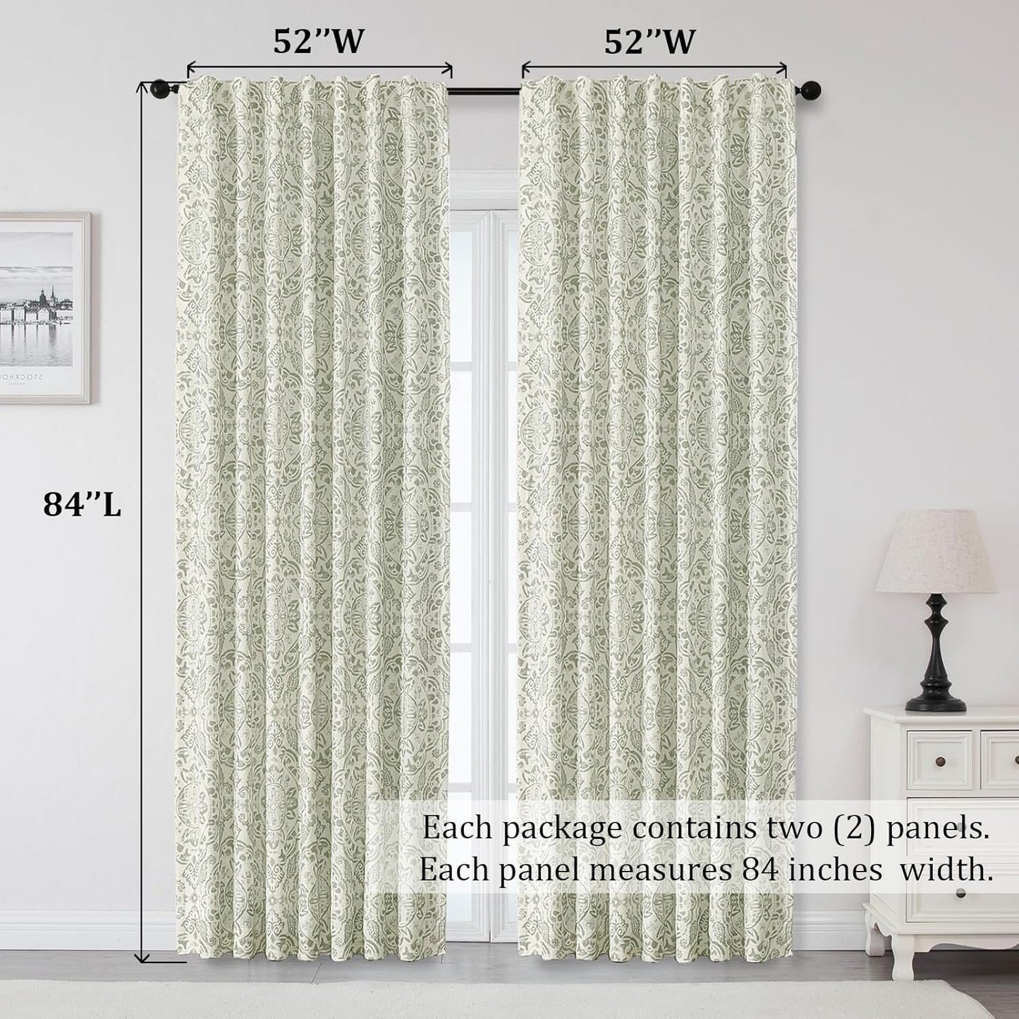 OWENIE Total Blackout Curtains for Bedroom 84 Inches Long 2 Panels, Medallion Printing Thermal Insulated Linen Double Layer Curtains for Living Room, Elegant Back Tab Drapes, Each 52Wx84L, Sage Green