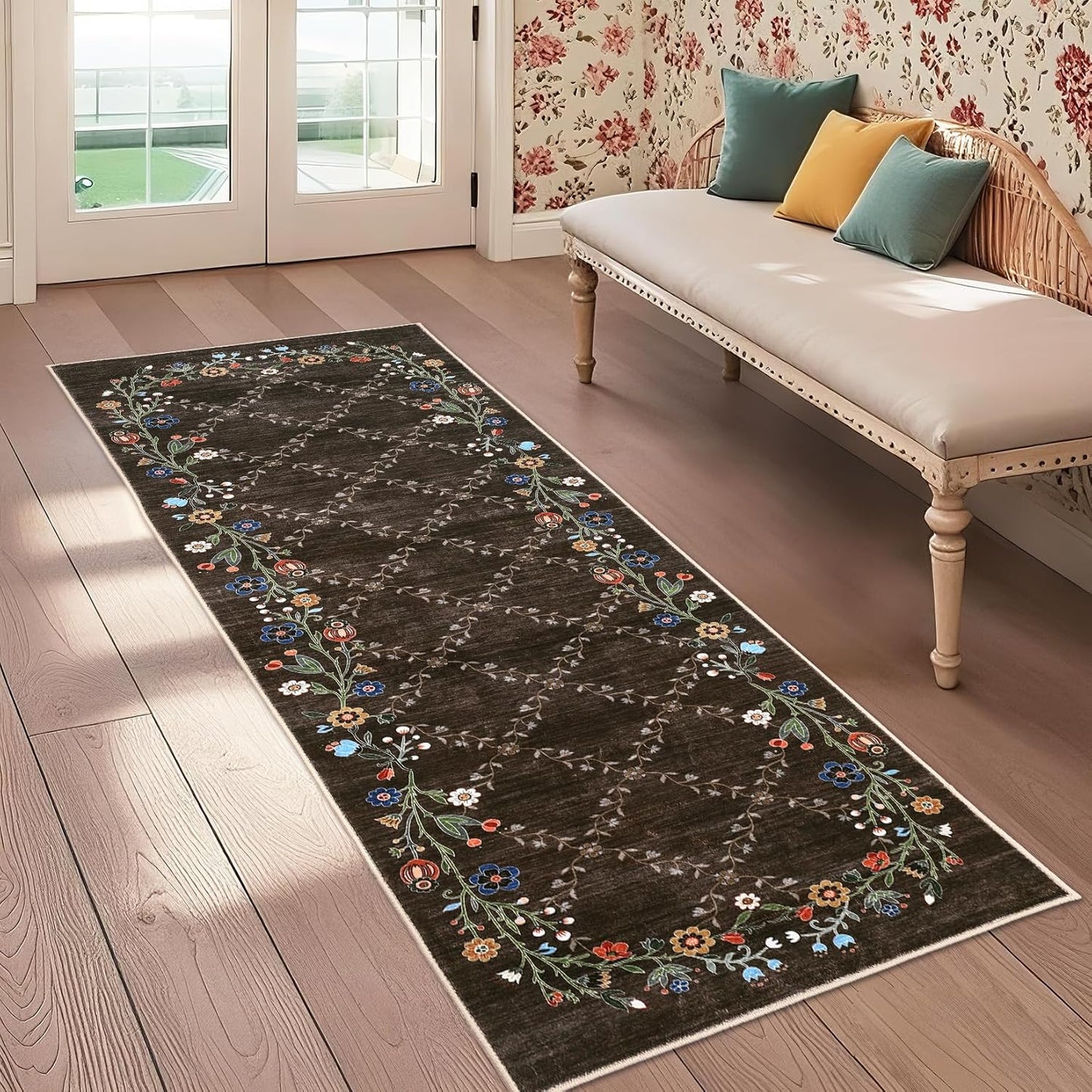 GarveeHome 5x7 Washable Floral Area Rugs for Living Room: Modern Floral Non Slip Large Area Rugs for Bedroom, Large Machine Washable Living Room Low Pile Carpet with Non-Slip Backing Beige 5'x7'.