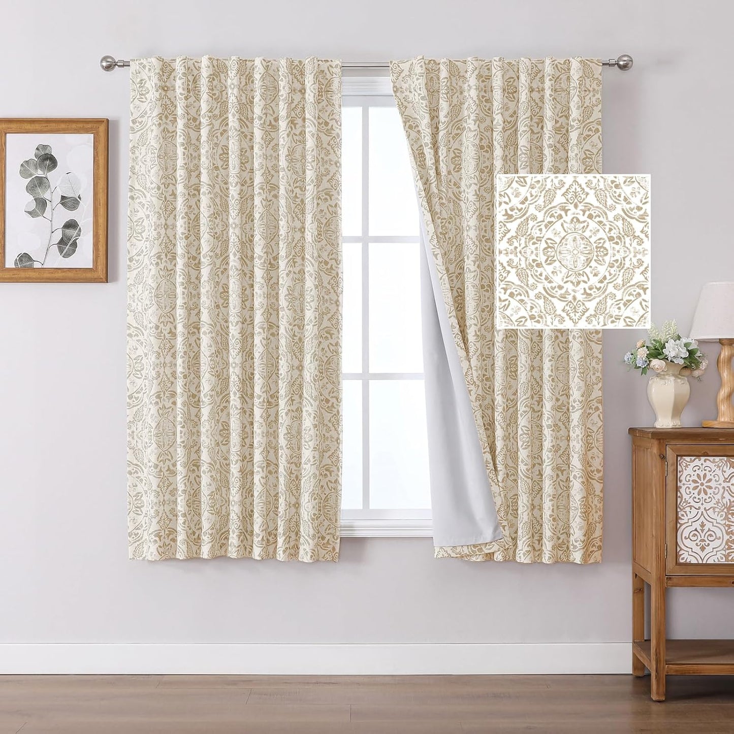 OWENIE Total Blackout Curtains for Bedroom 84 Inches Long 2 Panels, Medallion Printing Thermal Insulated Linen Double Layer Curtains for Living Room, Elegant Back Tab Drapes, Each 52Wx84L, Sage Green