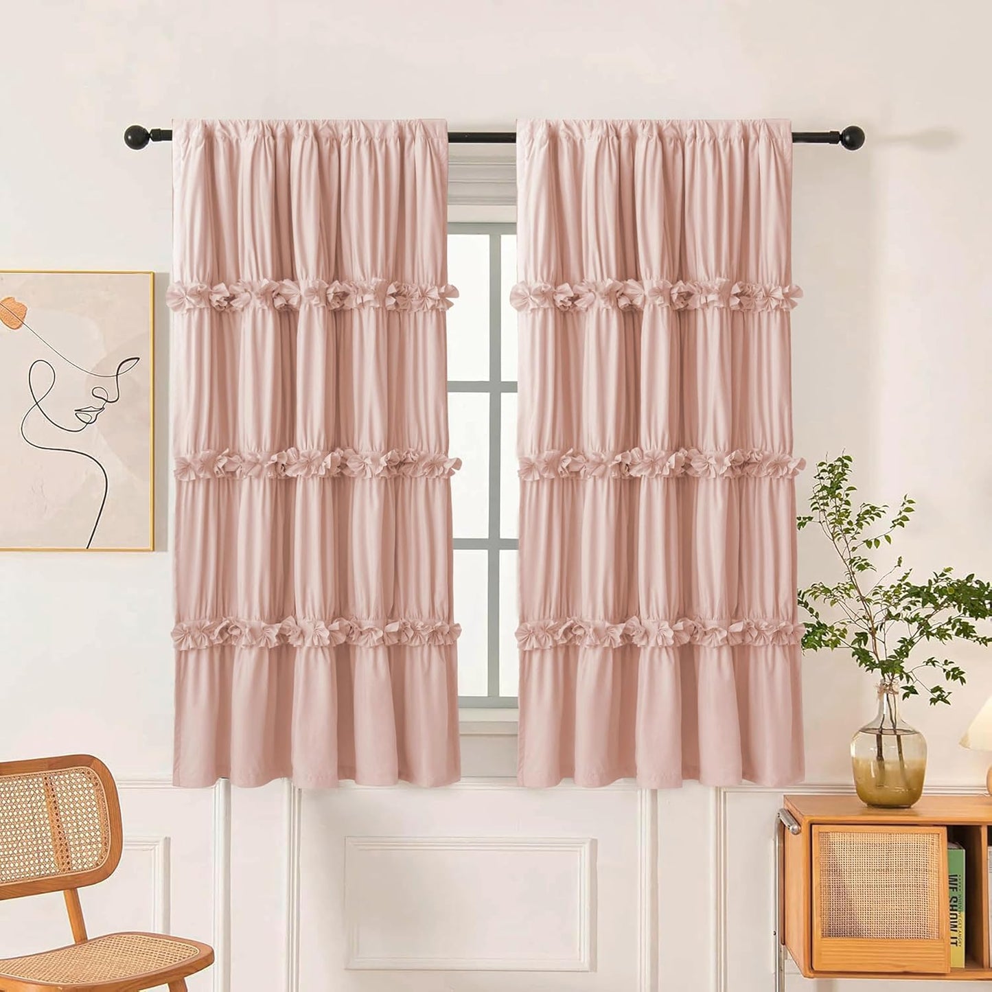 Thermal Insulated Blackout Window Curtains, 54" W x 84" L x 2 Panels, Boho Ruched Window Treatments with 3 Rows of Butterfly Flowers, Rustic Rod Pocket Drapes for Room, White (LQ-30)