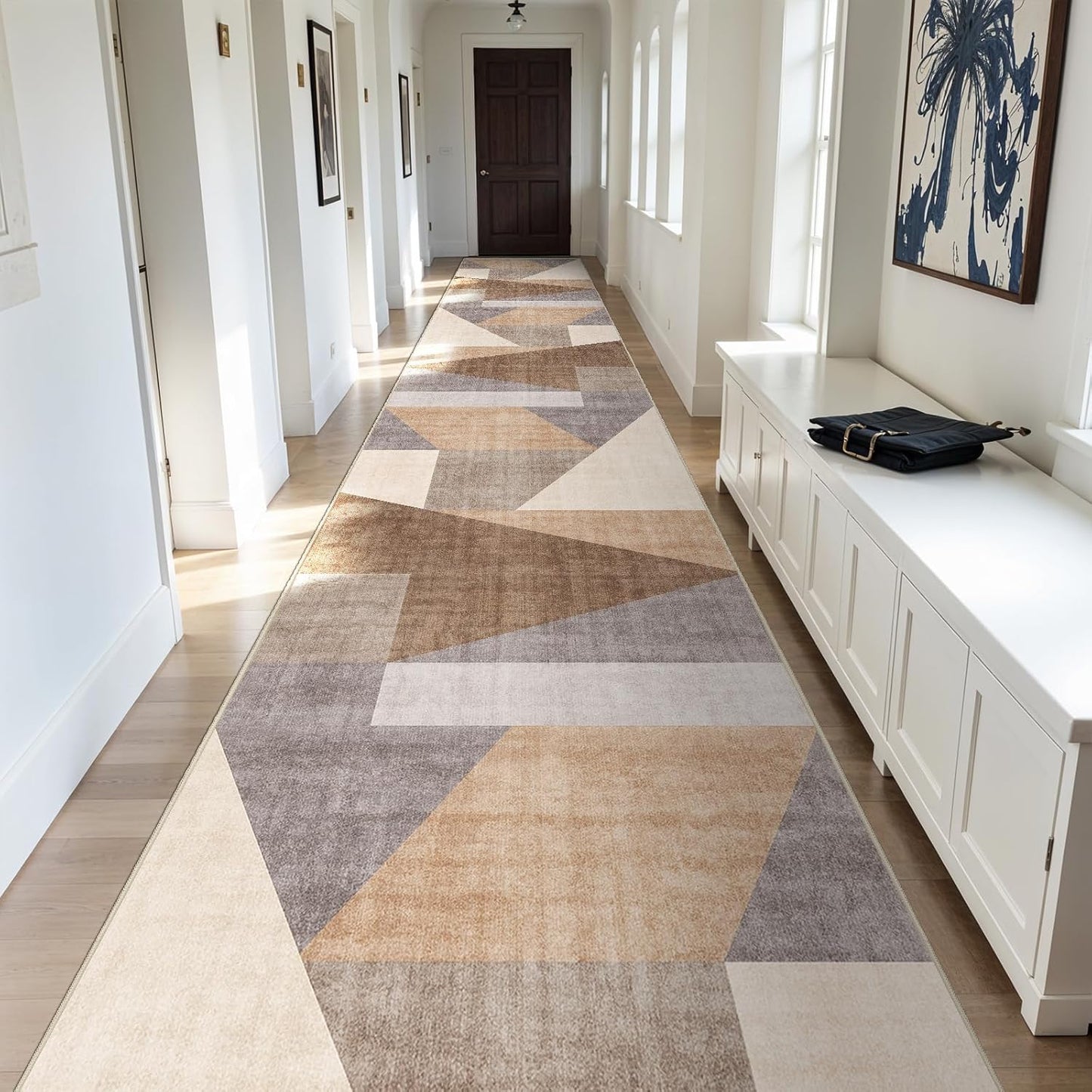Washable Modern Area Rug: 10x14 Large Geometric Area Rugs for Living Room & Bedroom with Non-Slip Backing Modern Geometric Carpet for Living Room Brown Grey 10'x14'.