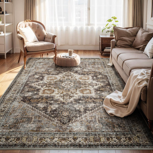 Brown Rugs for Living Room 5x7 Area Rug Soft Living Room Carpet-Rugs for Bedroom Machine Washable Vintage Oriental Floral Dining Room Rug Non Slip