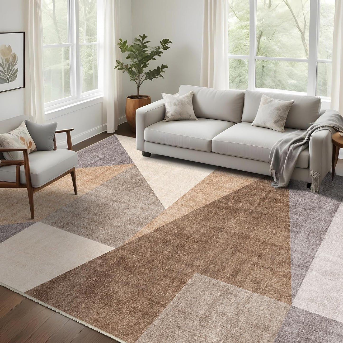Washable Modern Area Rug: 10x14 Large Geometric Area Rugs for Living Room & Bedroom with Non-Slip Backing Modern Geometric Carpet for Living Room Brown Grey 10'x14'.