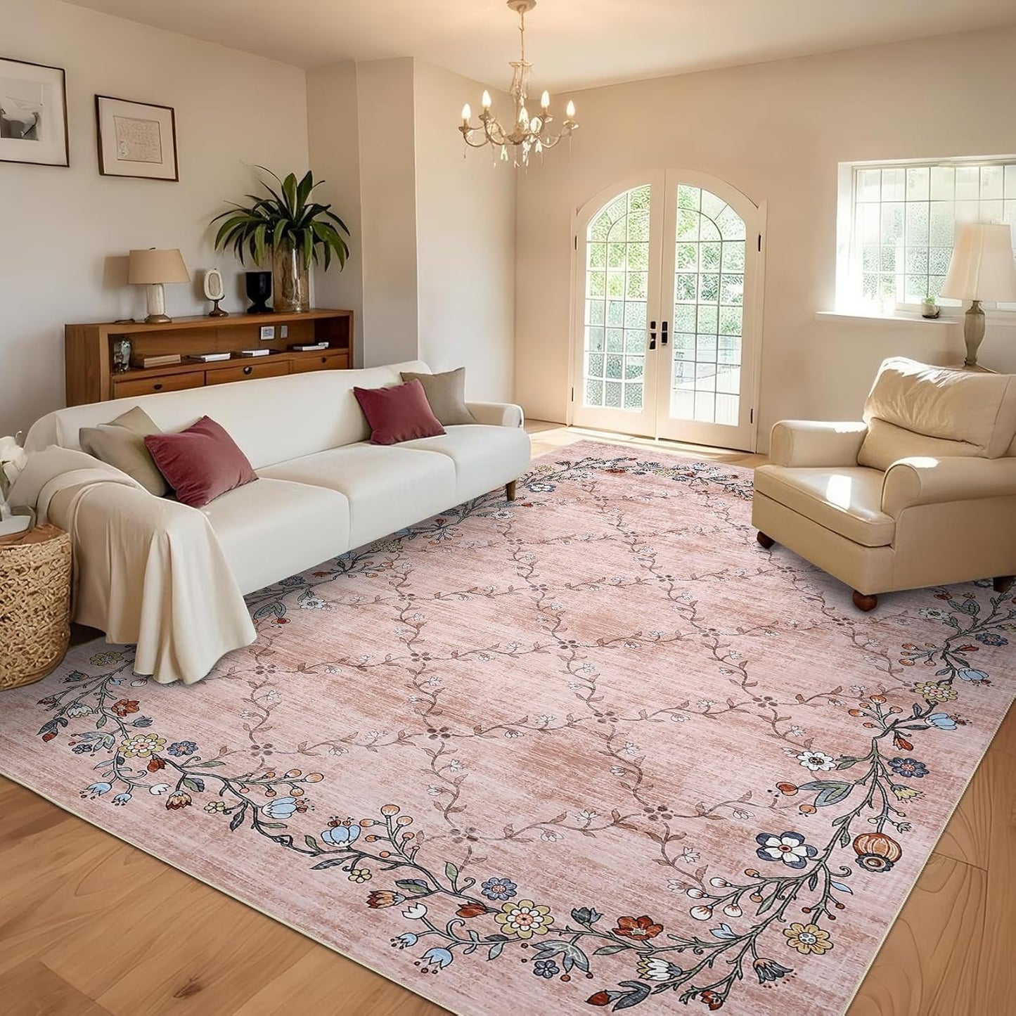 GarveeHome 5x7 Washable Floral Area Rugs for Living Room: Modern Floral Non Slip Large Area Rugs for Bedroom, Large Machine Washable Living Room Low Pile Carpet with Non-Slip Backing Beige 5'x7'.