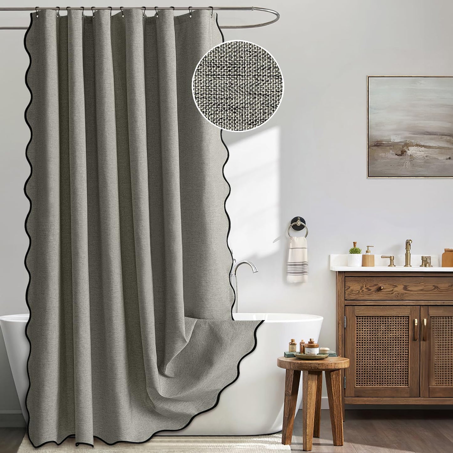 MIULEE Beige Scalloped Shower Curtain Linen Textured with 12 Metal Hooks Cute Heavy Duty Washable Waterproof Neutral Thick Cloth Shower Curtains with Black Border for Bathroom Hotel Bathtub,W72*L72