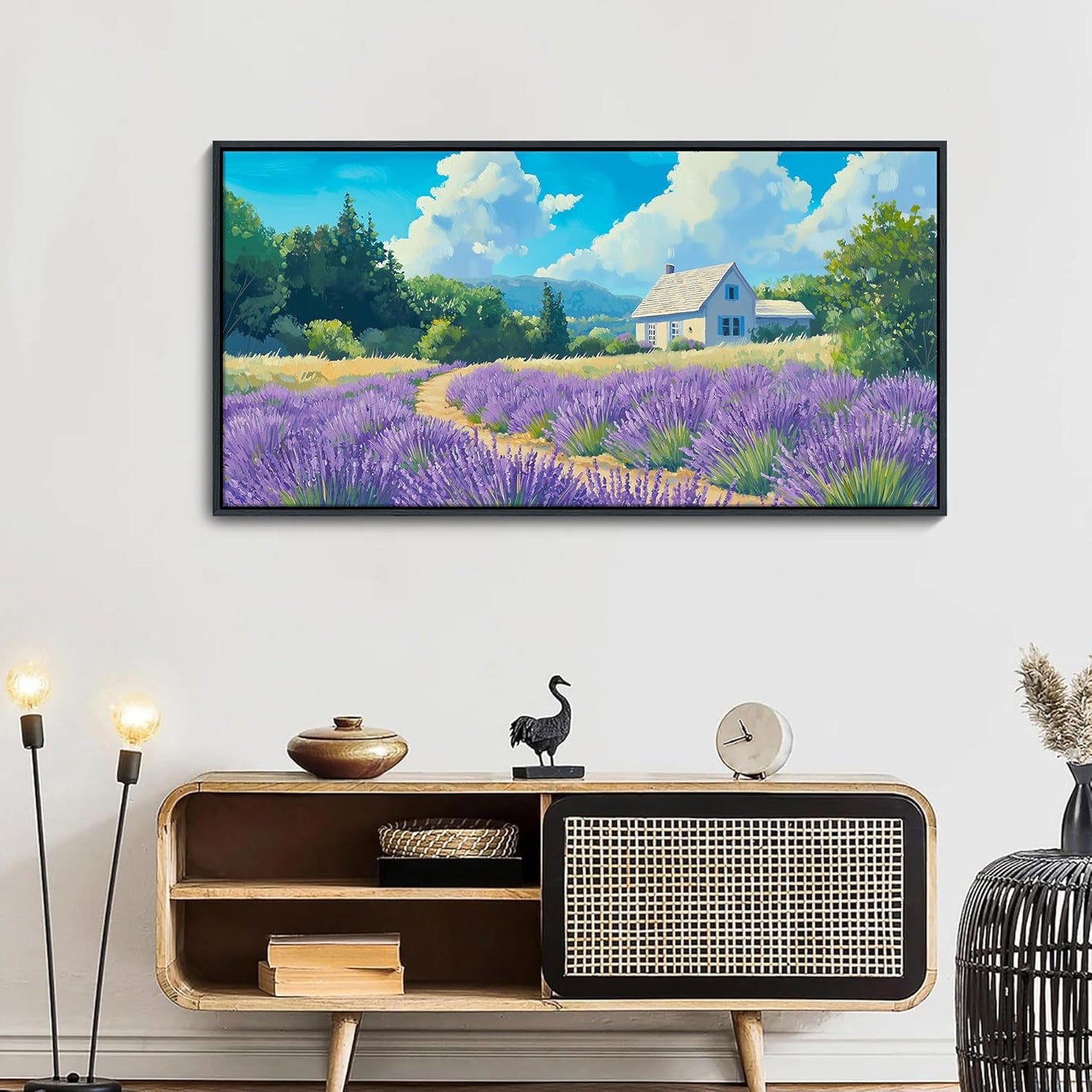HKDGOKA Large Landscape Canvas Wall Art, Green Mountains Purple Clouds Flower Scenery Canvas Pictures Paintings Artwork for Living Room Bedroom Office Kitchen Home Wall Decor 32x71 IN