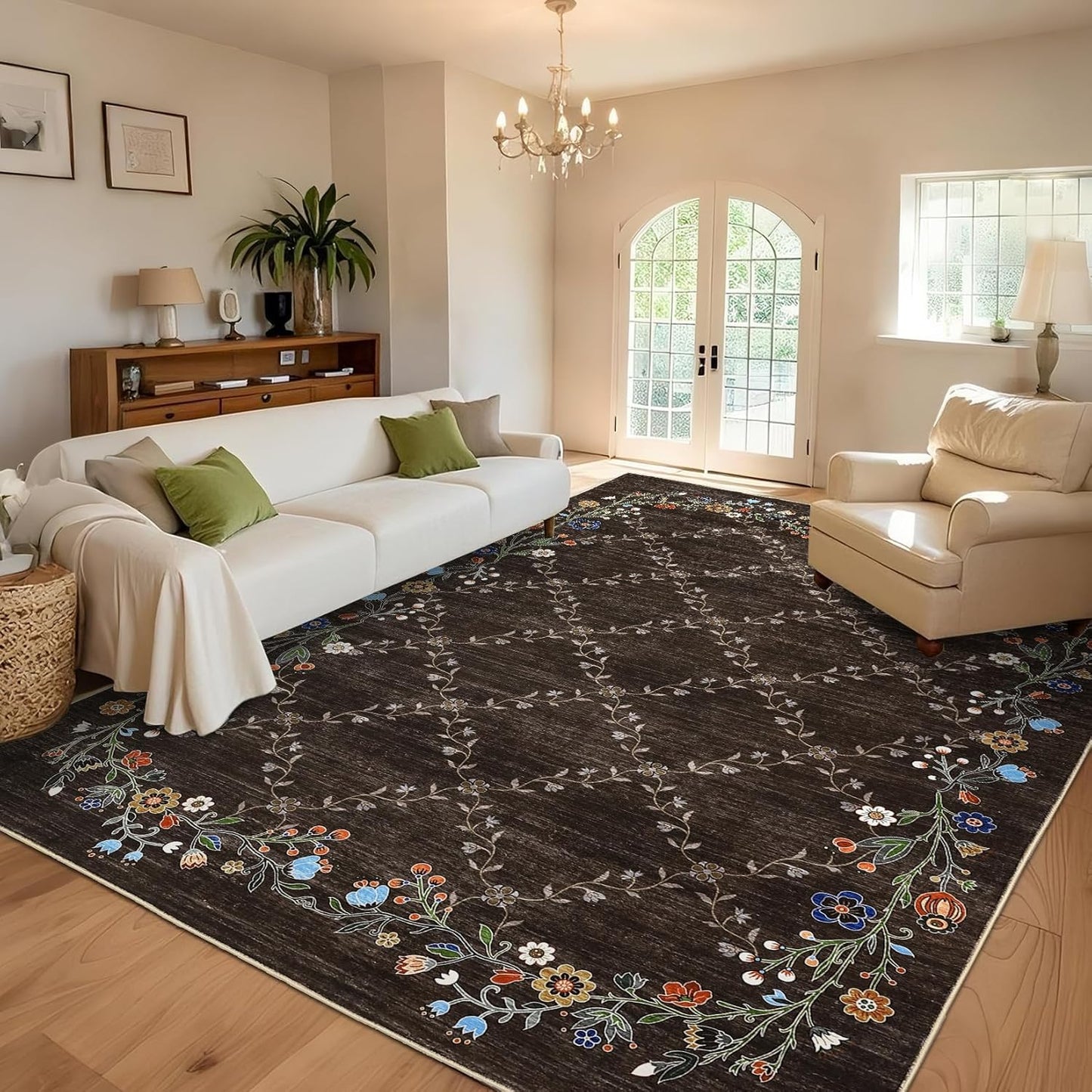 GarveeHome 5x7 Washable Floral Area Rugs for Living Room: Modern Floral Non Slip Large Area Rugs for Bedroom, Large Machine Washable Living Room Low Pile Carpet with Non-Slip Backing Beige 5'x7'.