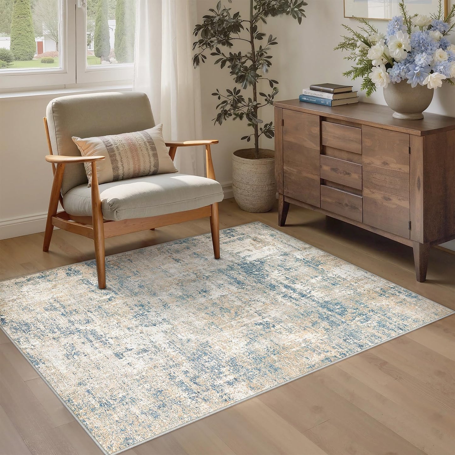Washable Brown Area Rug 8x10 Modern Abstract Living Room Large Carpet Bedroom Neutral Soft Throw Rug Low Pile Non Slip Indoor Contemporary Floor Cover for Dining Room Office