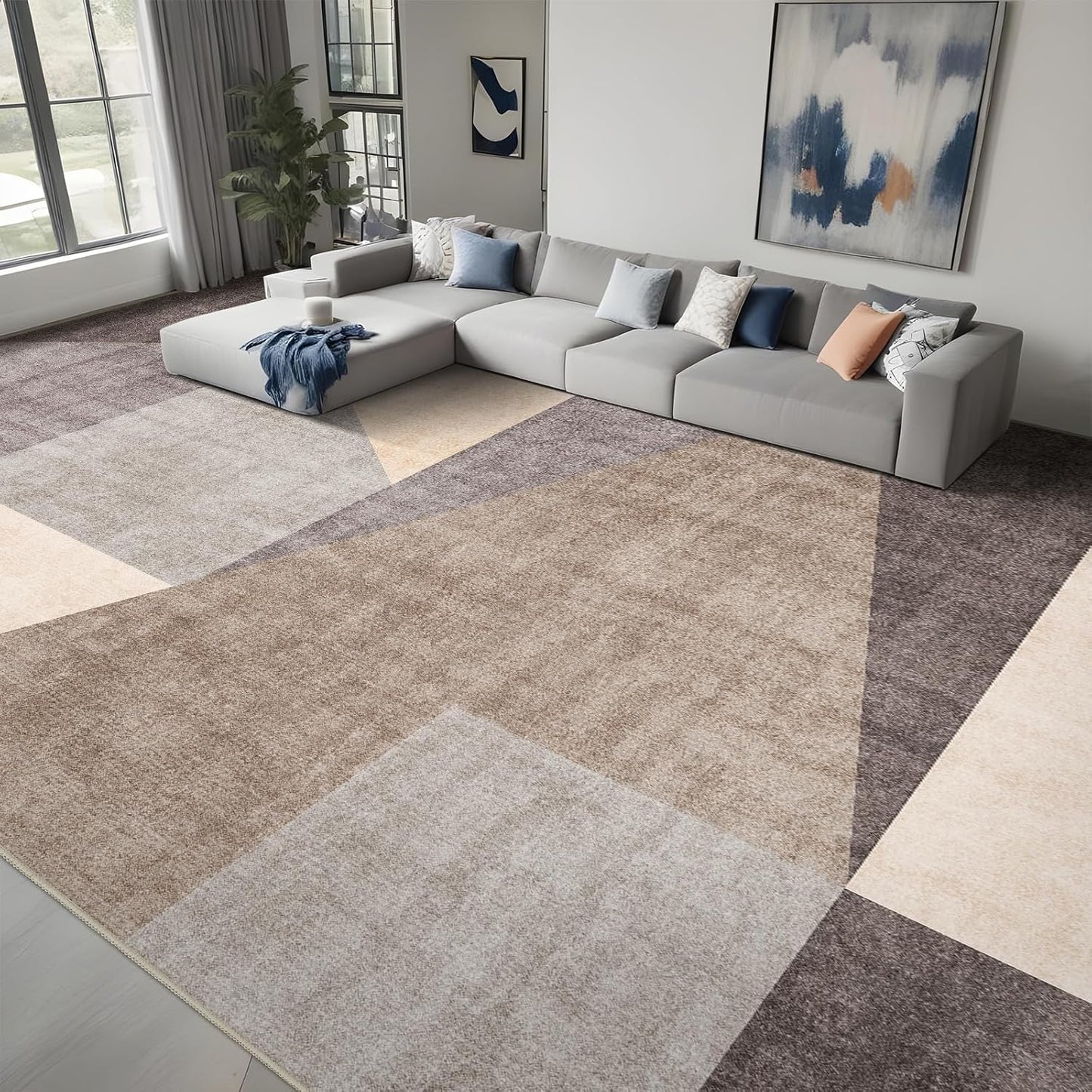 Washable Modern Area Rug: 10x14 Large Geometric Area Rugs for Living Room & Bedroom with Non-Slip Backing Modern Geometric Carpet for Living Room Brown Grey 10'x14'.