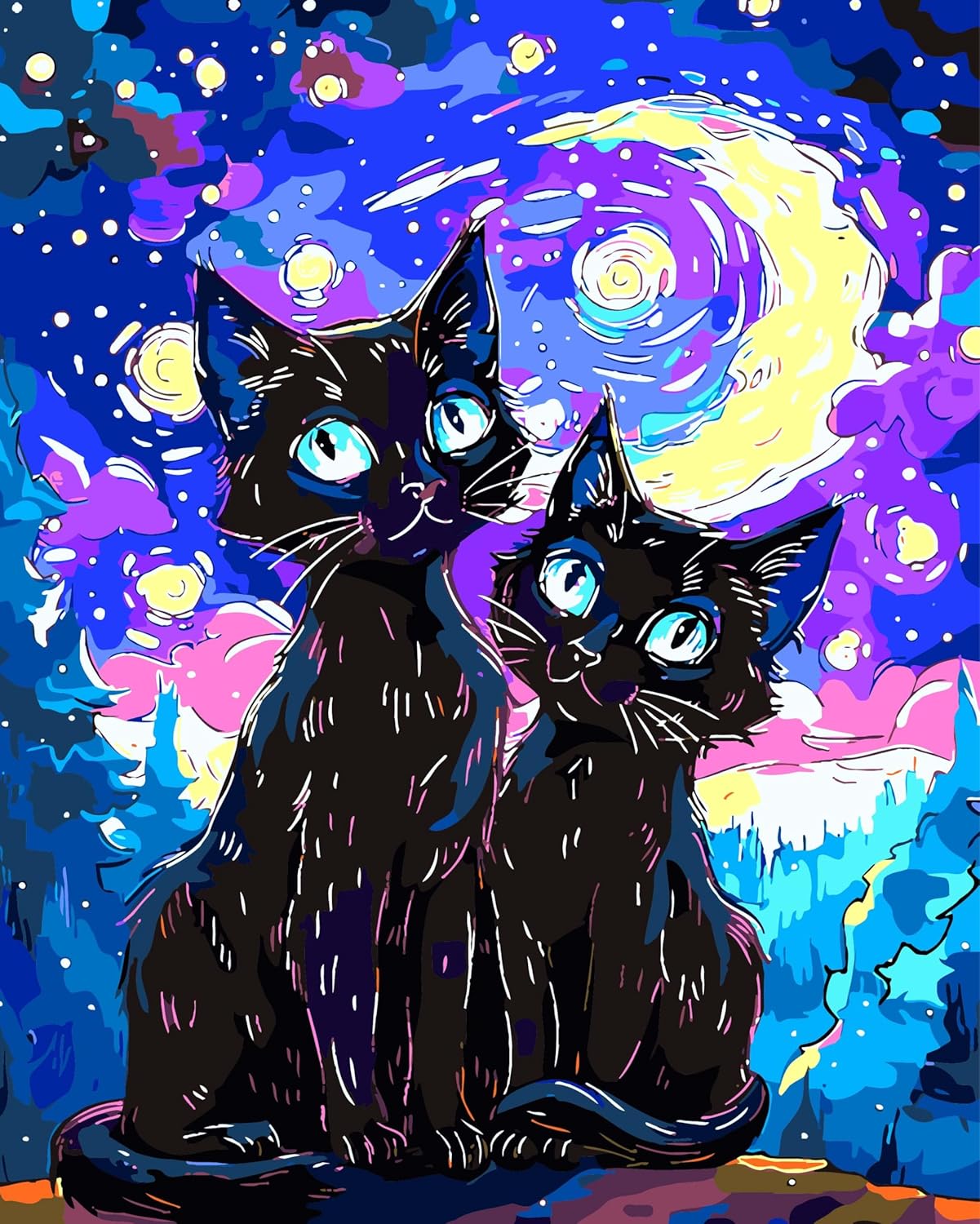 Yunnuo Paint by Numbers for Adults Black Cat, Paint by Numbers Kit on Canvas for Beginners, Starry Night Number Painting Set Craft Supplies, 3 Paintbrushes and Acrylic Paint 16x20 Inch