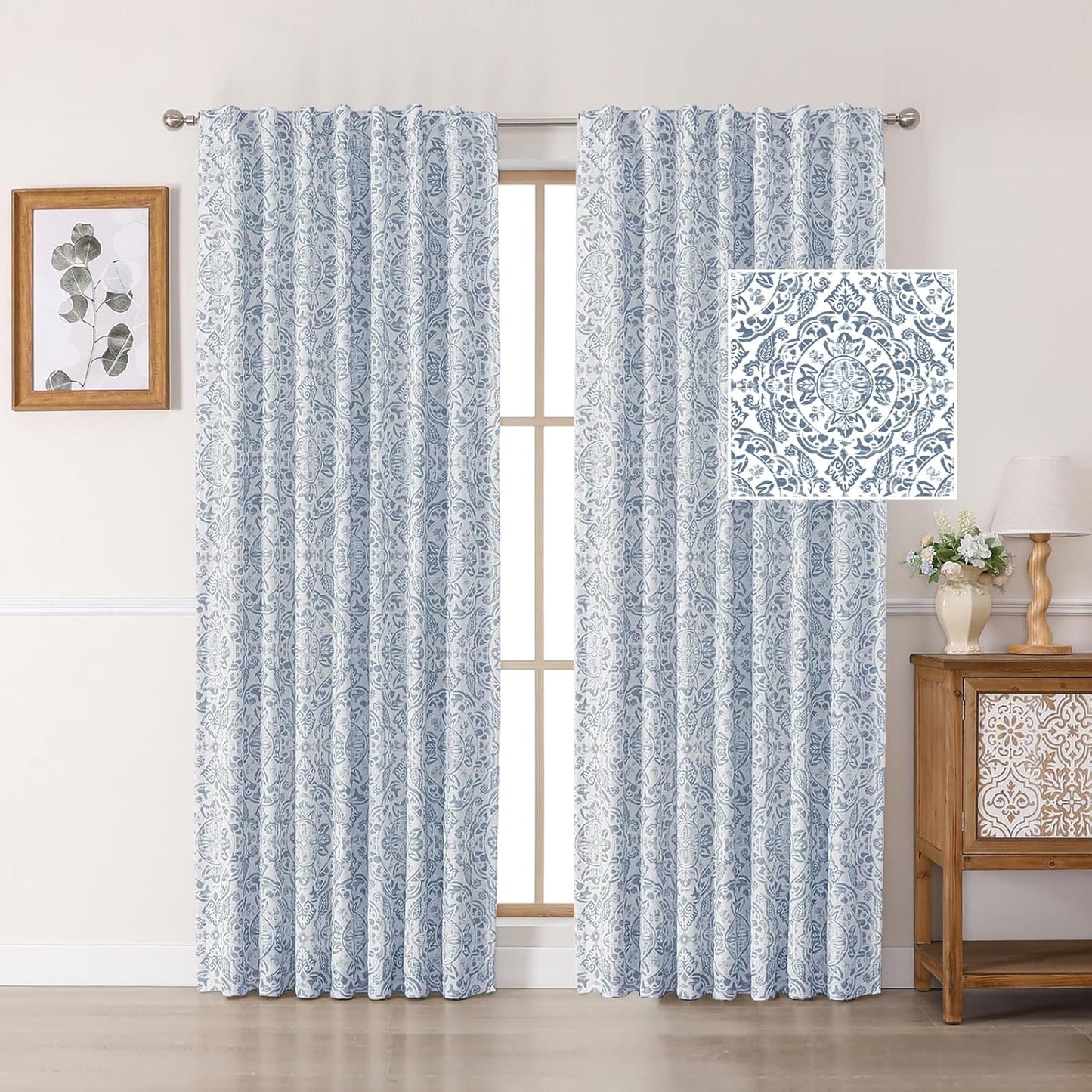 OWENIE Total Blackout Curtains for Bedroom 84 Inches Long 2 Panels, Medallion Printing Thermal Insulated Linen Double Layer Curtains for Living Room, Elegant Back Tab Drapes, Each 52Wx84L, Sage Green