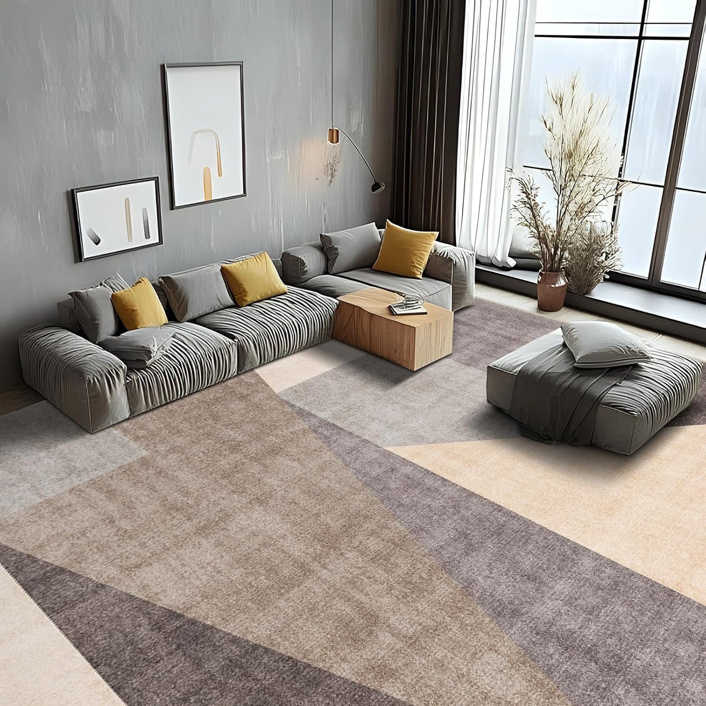 Washable Modern Area Rug: 10x14 Large Geometric Area Rugs for Living Room & Bedroom with Non-Slip Backing Modern Geometric Carpet for Living Room Brown Grey 10'x14'.