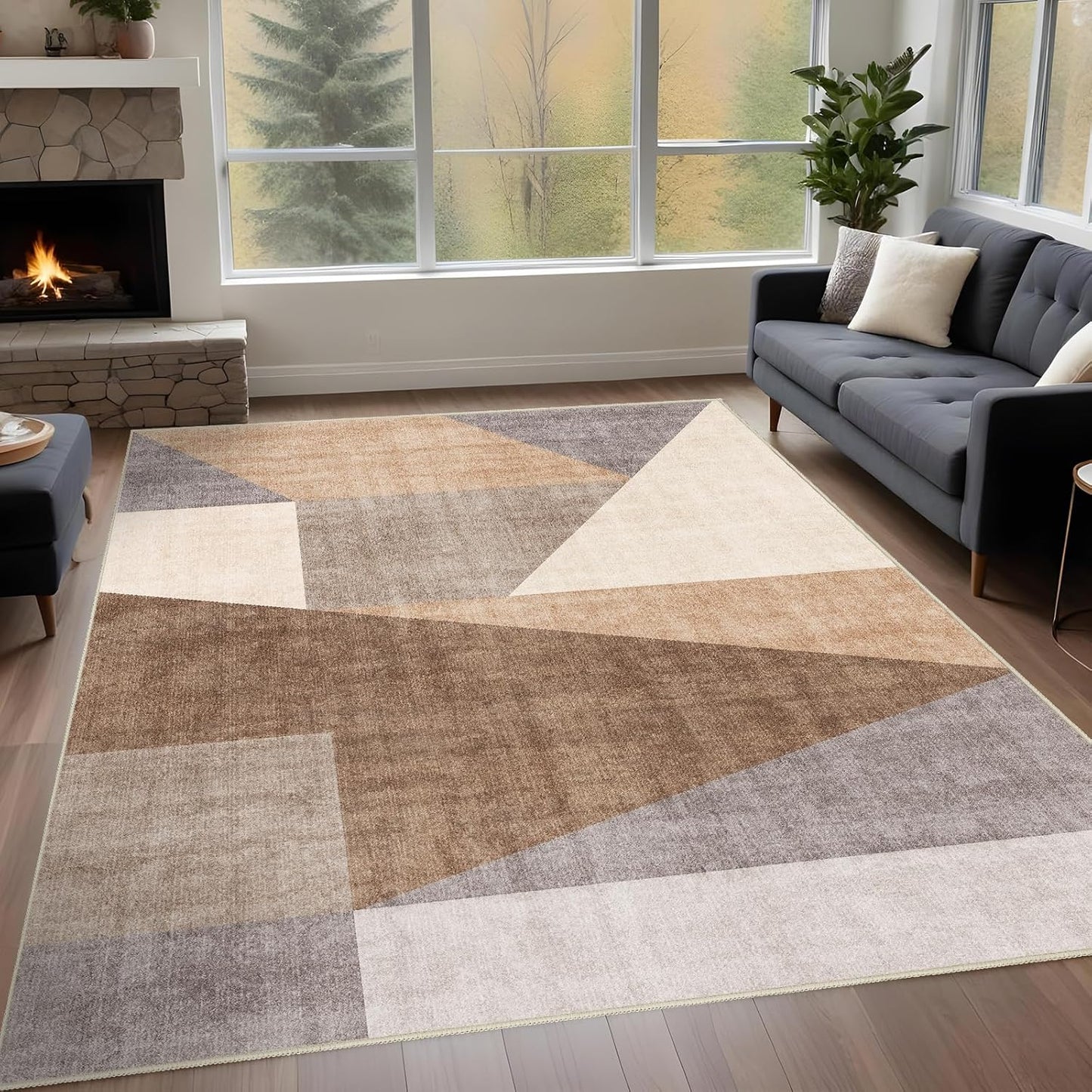 Washable Modern Area Rug: 10x14 Large Geometric Area Rugs for Living Room & Bedroom with Non-Slip Backing Modern Geometric Carpet for Living Room Brown Grey 10'x14'.
