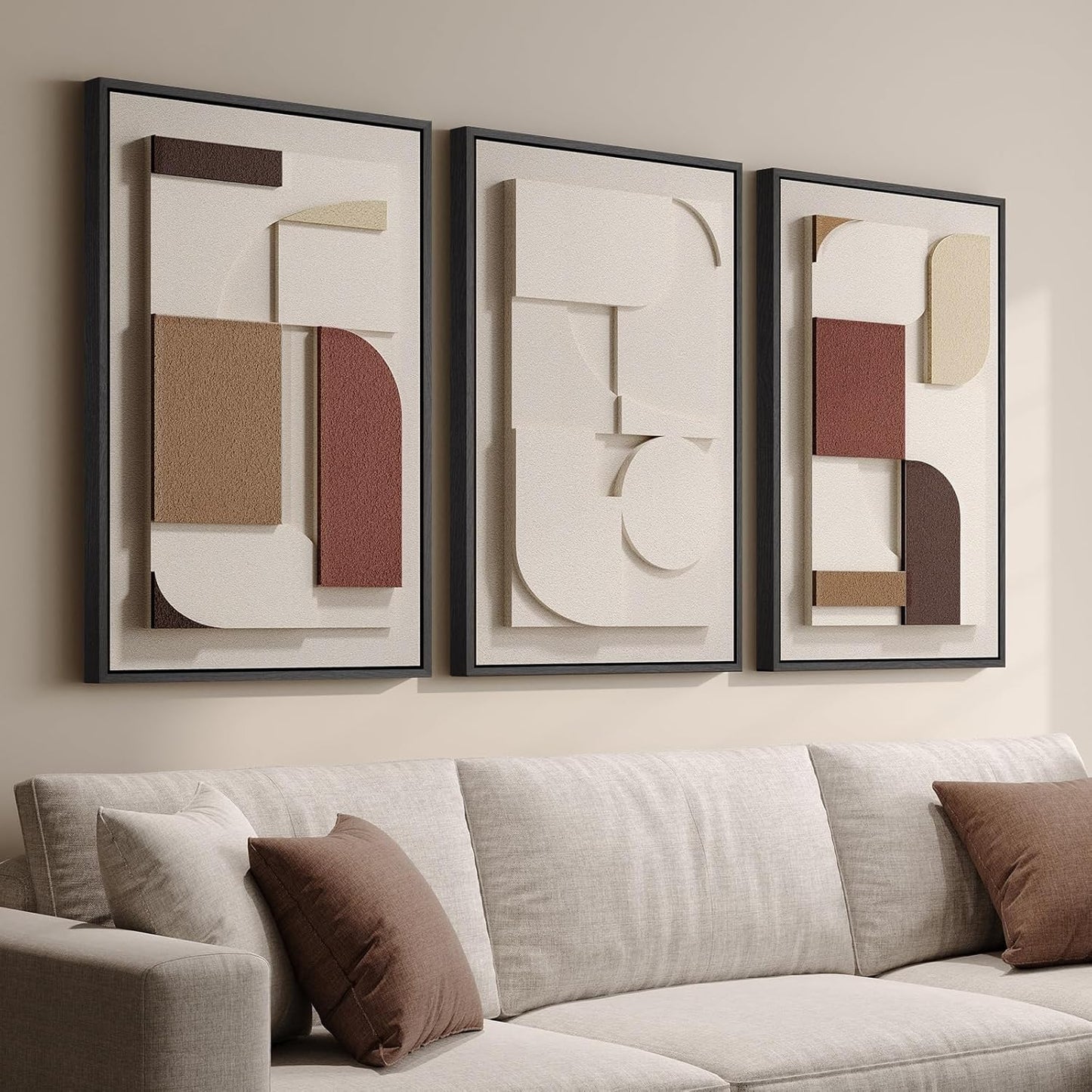 Large 3D Textured Framed Abstract Wall Art for Living Room, 3 Piece Modern Paintings Artwork for Walls, Black White Brown Geometric Sandstone Texture Pictures for Hallway Office Wall Decor 24x36 In