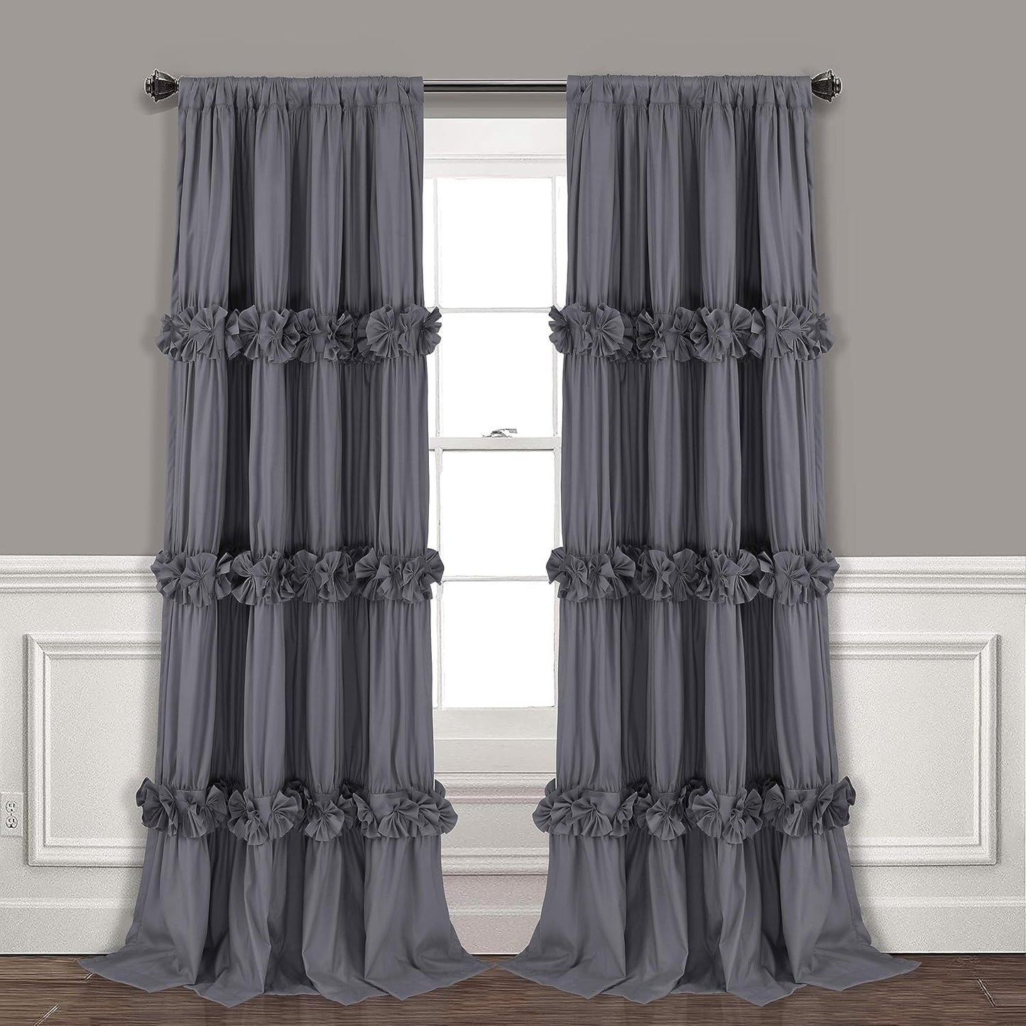 Thermal Insulated Blackout Window Curtains, 54" W x 84" L x 2 Panels, Boho Ruched Window Treatments with 3 Rows of Butterfly Flowers, Rustic Rod Pocket Drapes for Room, White (LQ-30)