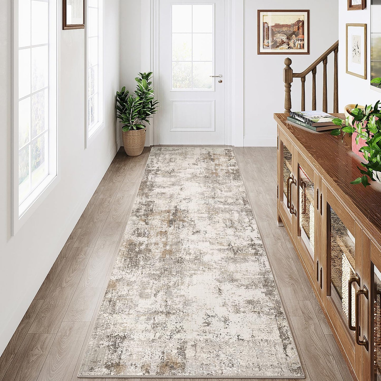 6x9 Washable Area Rug Beige Grey Neutral Abstract Living Room Bedroom Large Throw Rug Non Slip Soft Low Pile Indoor Floor Carpet for Dining Room Kitchen Office Entryway