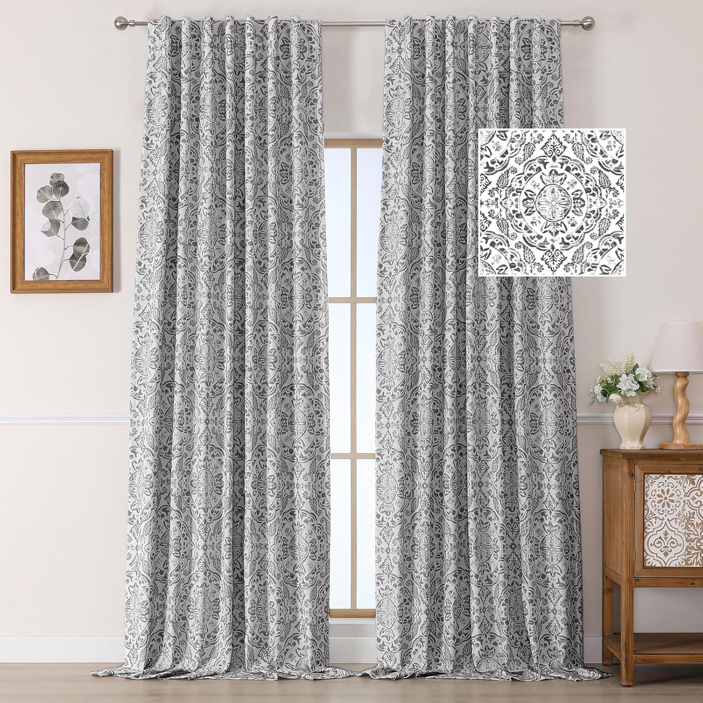 OWENIE Total Blackout Curtains for Bedroom 84 Inches Long 2 Panels, Medallion Printing Thermal Insulated Linen Double Layer Curtains for Living Room, Elegant Back Tab Drapes, Each 52Wx84L, Sage Green