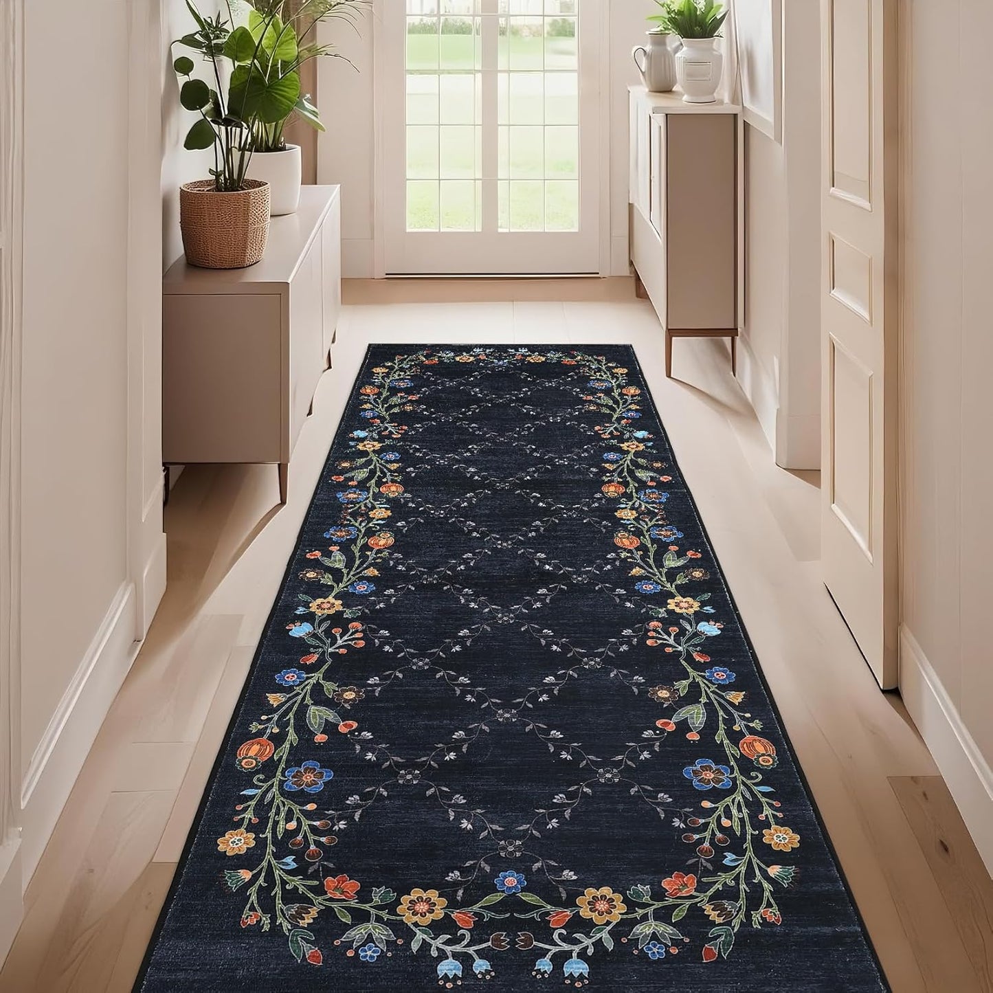 GarveeHome 5x7 Washable Floral Area Rugs for Living Room: Modern Floral Non Slip Large Area Rugs for Bedroom, Large Machine Washable Living Room Low Pile Carpet with Non-Slip Backing Beige 5'x7'.