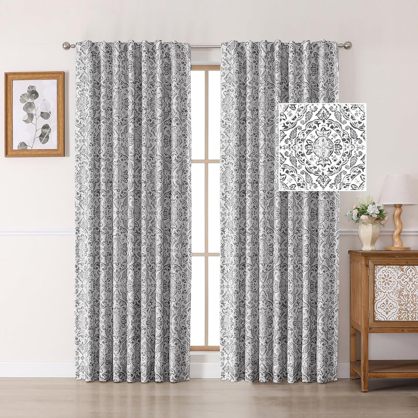 OWENIE Total Blackout Curtains for Bedroom 84 Inches Long 2 Panels, Medallion Printing Thermal Insulated Linen Double Layer Curtains for Living Room, Elegant Back Tab Drapes, Each 52Wx84L, Sage Green