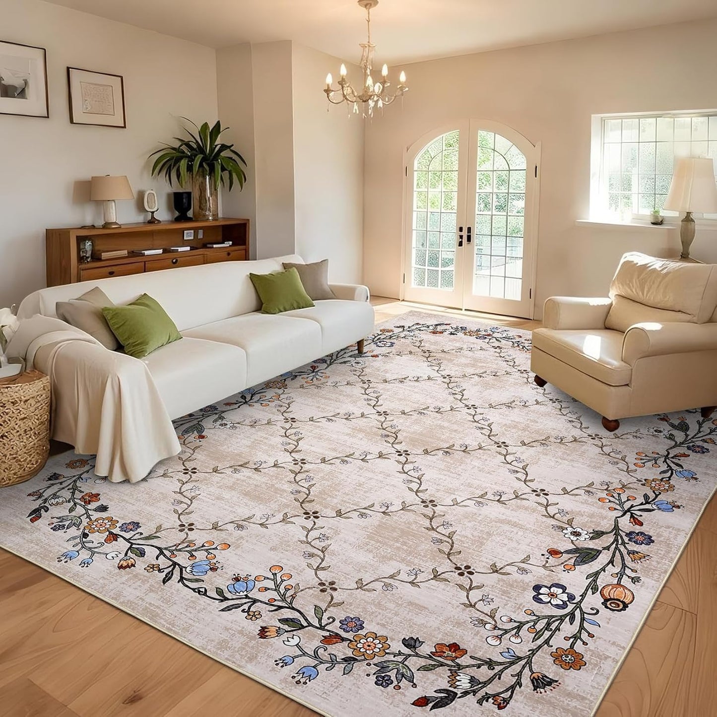 GarveeHome 5x7 Washable Floral Area Rugs for Living Room: Modern Floral Non Slip Large Area Rugs for Bedroom, Large Machine Washable Living Room Low Pile Carpet with Non-Slip Backing Beige 5'x7'.