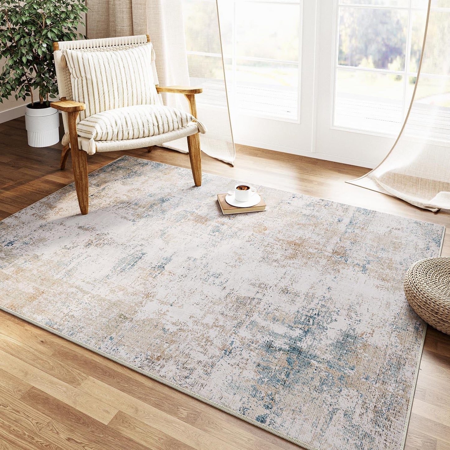 6x9 Washable Area Rug Beige Grey Neutral Abstract Living Room Bedroom Large Throw Rug Non Slip Soft Low Pile Indoor Floor Carpet for Dining Room Kitchen Office Entryway
