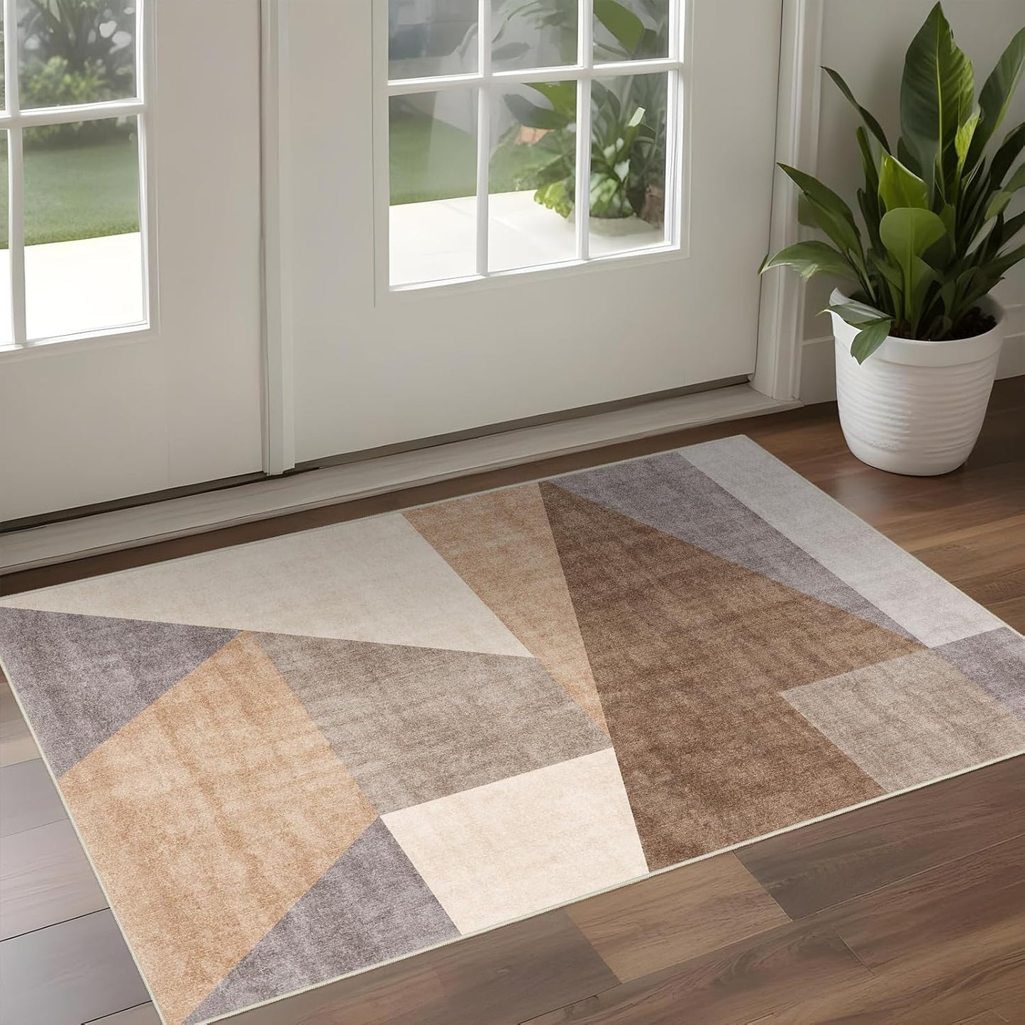 Washable Modern Area Rug: 10x14 Large Geometric Area Rugs for Living Room & Bedroom with Non-Slip Backing Modern Geometric Carpet for Living Room Brown Grey 10'x14'.
