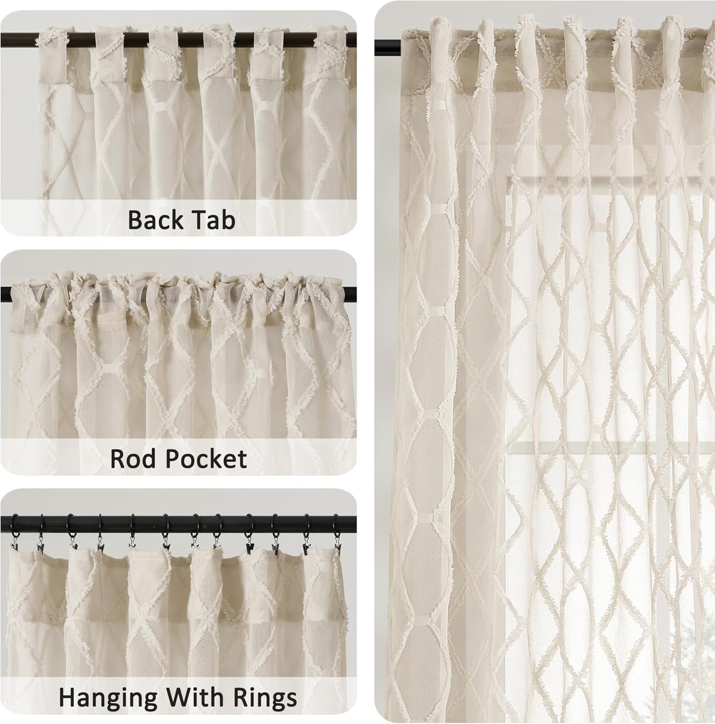 Beige Sheer Curtains 84 Inches Long for Living Room Rod Pocket Back Tab Sand Taupe Tan Semi Sheer Curtain Geometric Embroidered Tuft Pom Textured Drapes Earth Tone Farmhouse Rustic Bedroom Nursery