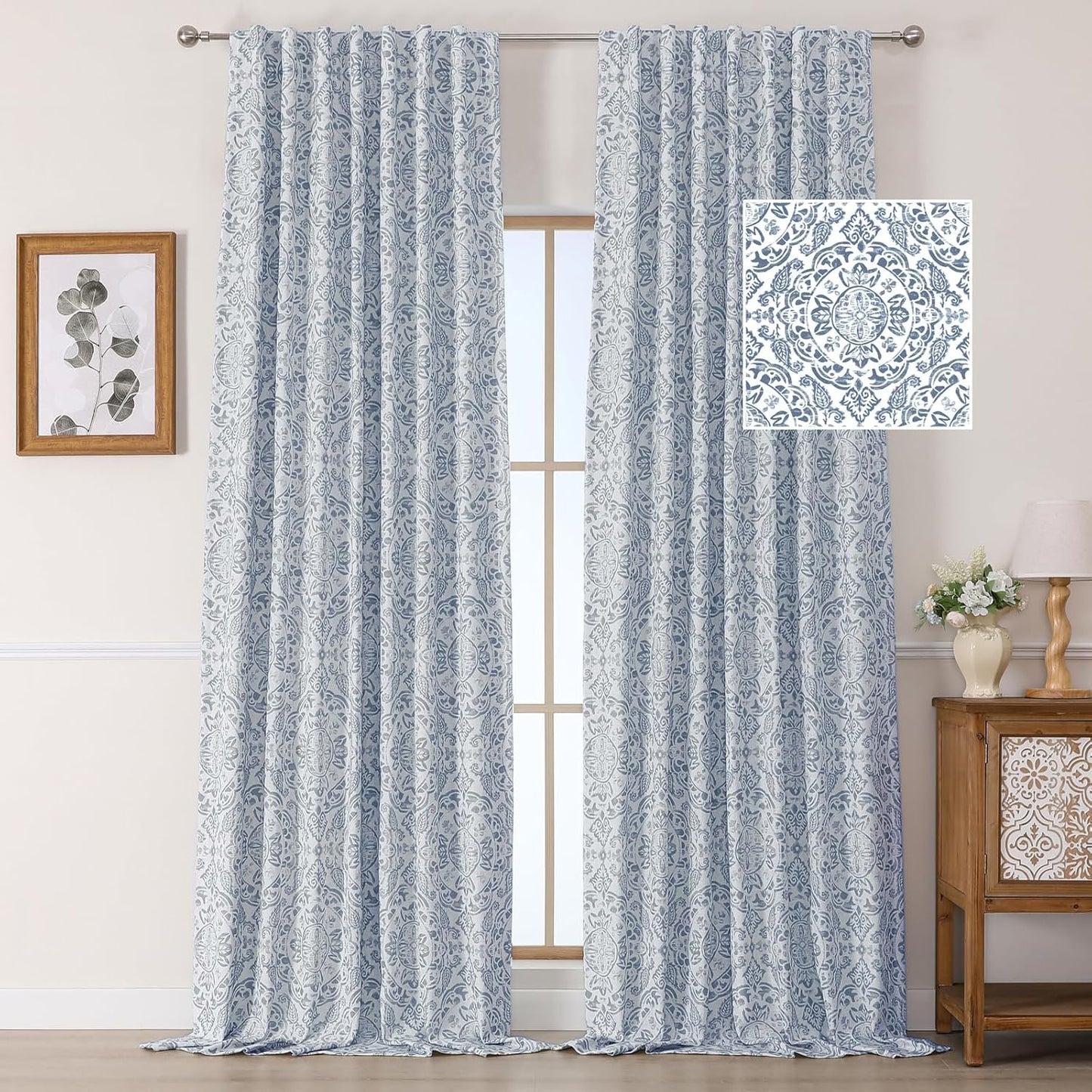 OWENIE Total Blackout Curtains for Bedroom 84 Inches Long 2 Panels, Medallion Printing Thermal Insulated Linen Double Layer Curtains for Living Room, Elegant Back Tab Drapes, Each 52Wx84L, Sage Green