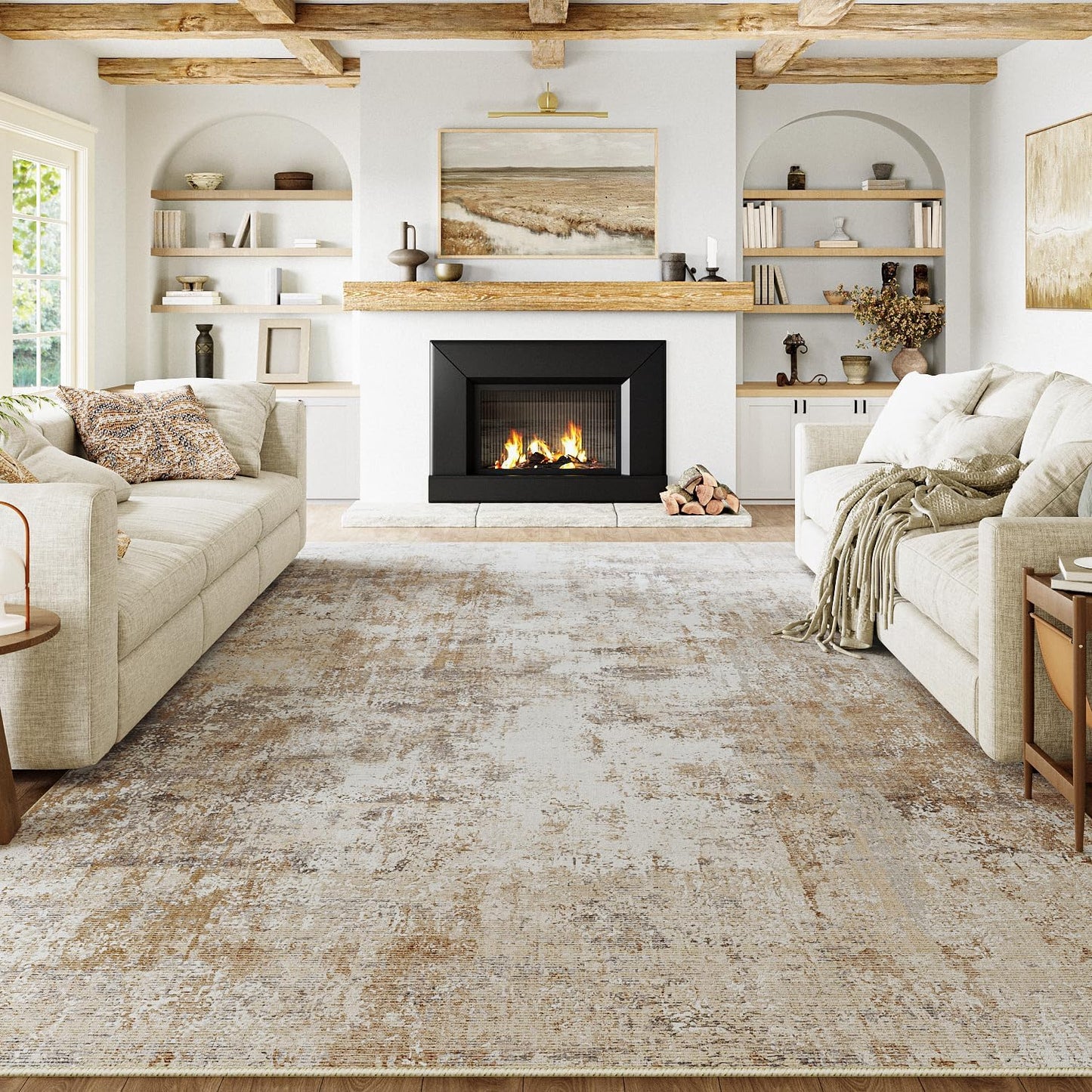 6x9 Washable Area Rug Beige Grey Neutral Abstract Living Room Bedroom Large Throw Rug Non Slip Soft Low Pile Indoor Floor Carpet for Dining Room Kitchen Office Entryway