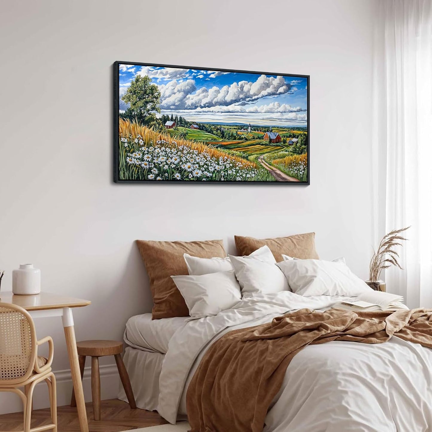 HKDGOKA Large Landscape Canvas Wall Art, Green Mountains Purple Clouds Flower Scenery Canvas Pictures Paintings Artwork for Living Room Bedroom Office Kitchen Home Wall Decor 32x71 IN