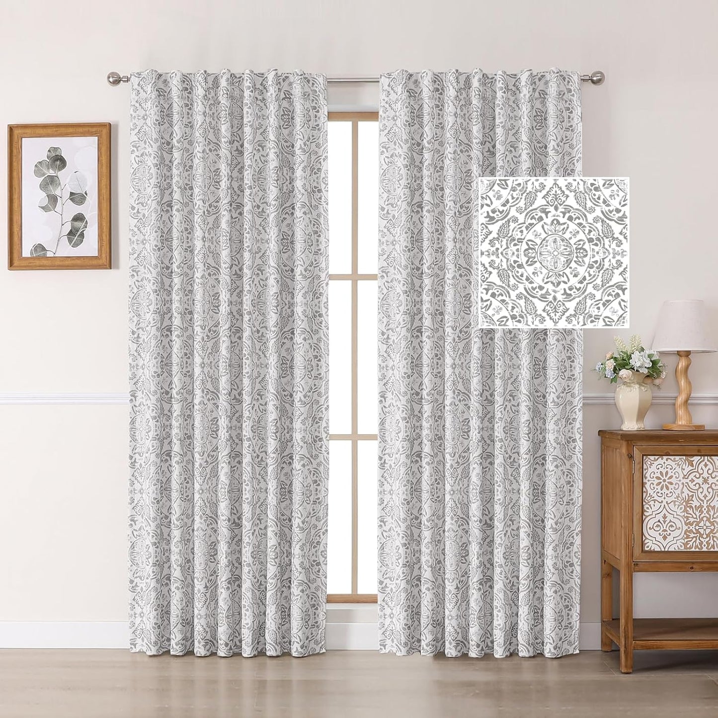 OWENIE Total Blackout Curtains for Bedroom 84 Inches Long 2 Panels, Medallion Printing Thermal Insulated Linen Double Layer Curtains for Living Room, Elegant Back Tab Drapes, Each 52Wx84L, Sage Green