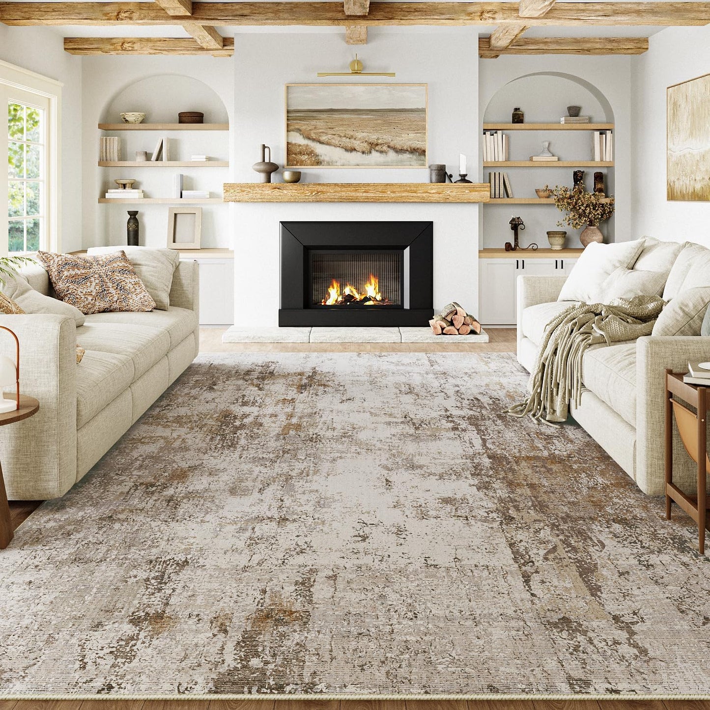 6x9 Washable Area Rug Beige Grey Neutral Abstract Living Room Bedroom Large Throw Rug Non Slip Soft Low Pile Indoor Floor Carpet for Dining Room Kitchen Office Entryway