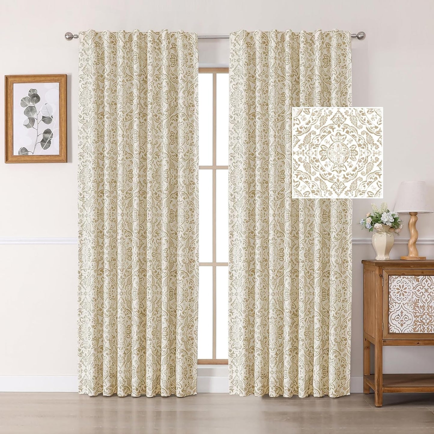 OWENIE Total Blackout Curtains for Bedroom 84 Inches Long 2 Panels, Medallion Printing Thermal Insulated Linen Double Layer Curtains for Living Room, Elegant Back Tab Drapes, Each 52Wx84L, Sage Green