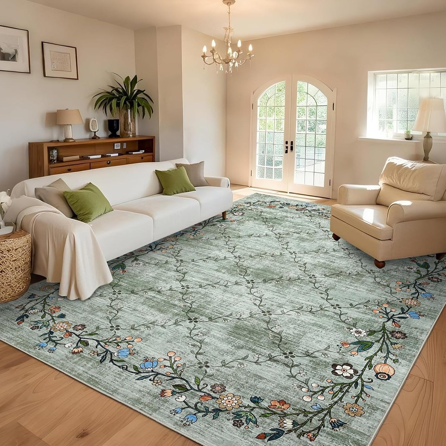 GarveeHome 5x7 Washable Floral Area Rugs for Living Room: Modern Floral Non Slip Large Area Rugs for Bedroom, Large Machine Washable Living Room Low Pile Carpet with Non-Slip Backing Beige 5'x7'.