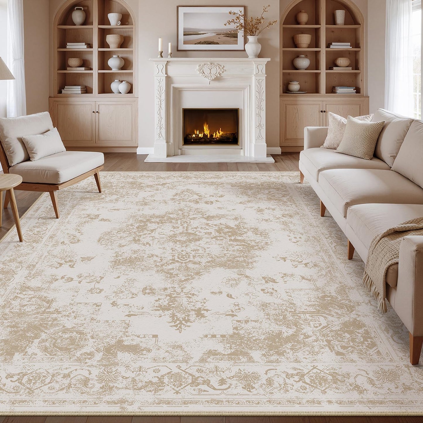 6x9 Washable Area Rug Beige Grey Neutral Abstract Living Room Bedroom Large Throw Rug Non Slip Soft Low Pile Indoor Floor Carpet for Dining Room Kitchen Office Entryway