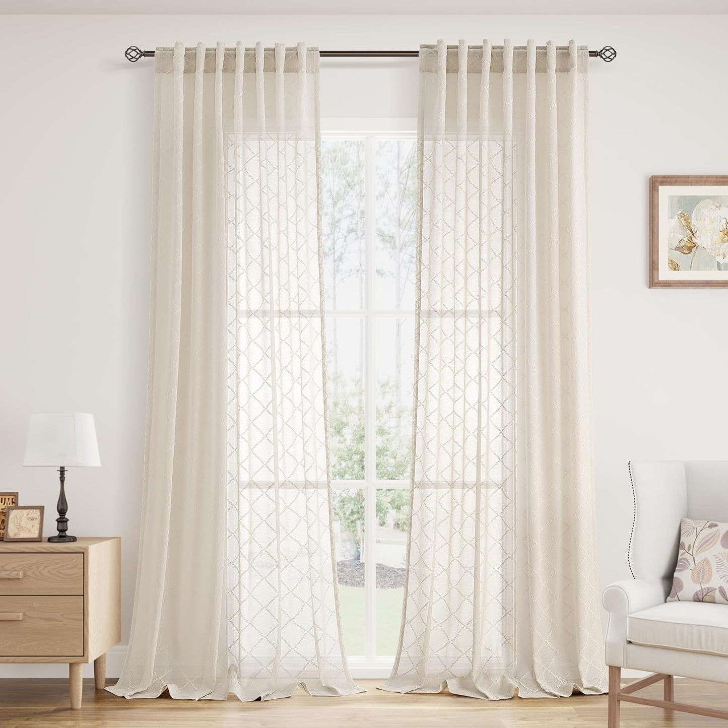 Beige Sheer Curtains 84 Inches Long for Living Room Rod Pocket Back Tab Sand Taupe Tan Semi Sheer Curtain Geometric Embroidered Tuft Pom Textured Drapes Earth Tone Farmhouse Rustic Bedroom Nursery