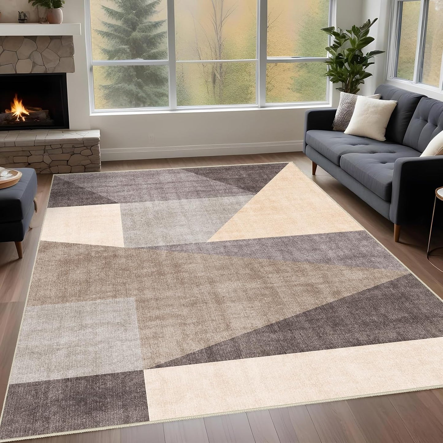 Washable Modern Area Rug: 10x14 Large Geometric Area Rugs for Living Room & Bedroom with Non-Slip Backing Modern Geometric Carpet for Living Room Brown Grey 10'x14'.