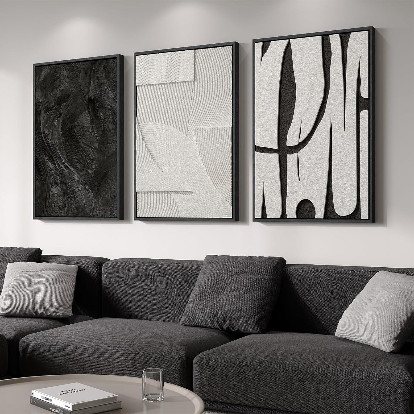 Large 3D Textured Framed Abstract Wall Art for Living Room, 3 Piece Modern Paintings Artwork for Walls, Black White Brown Geometric Sandstone Texture Pictures for Hallway Office Wall Decor 24x36 In