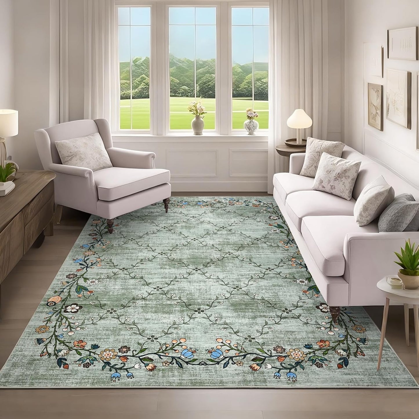 GarveeHome 5x7 Washable Floral Area Rugs for Living Room: Modern Floral Non Slip Large Area Rugs for Bedroom, Large Machine Washable Living Room Low Pile Carpet with Non-Slip Backing Beige 5'x7'.
