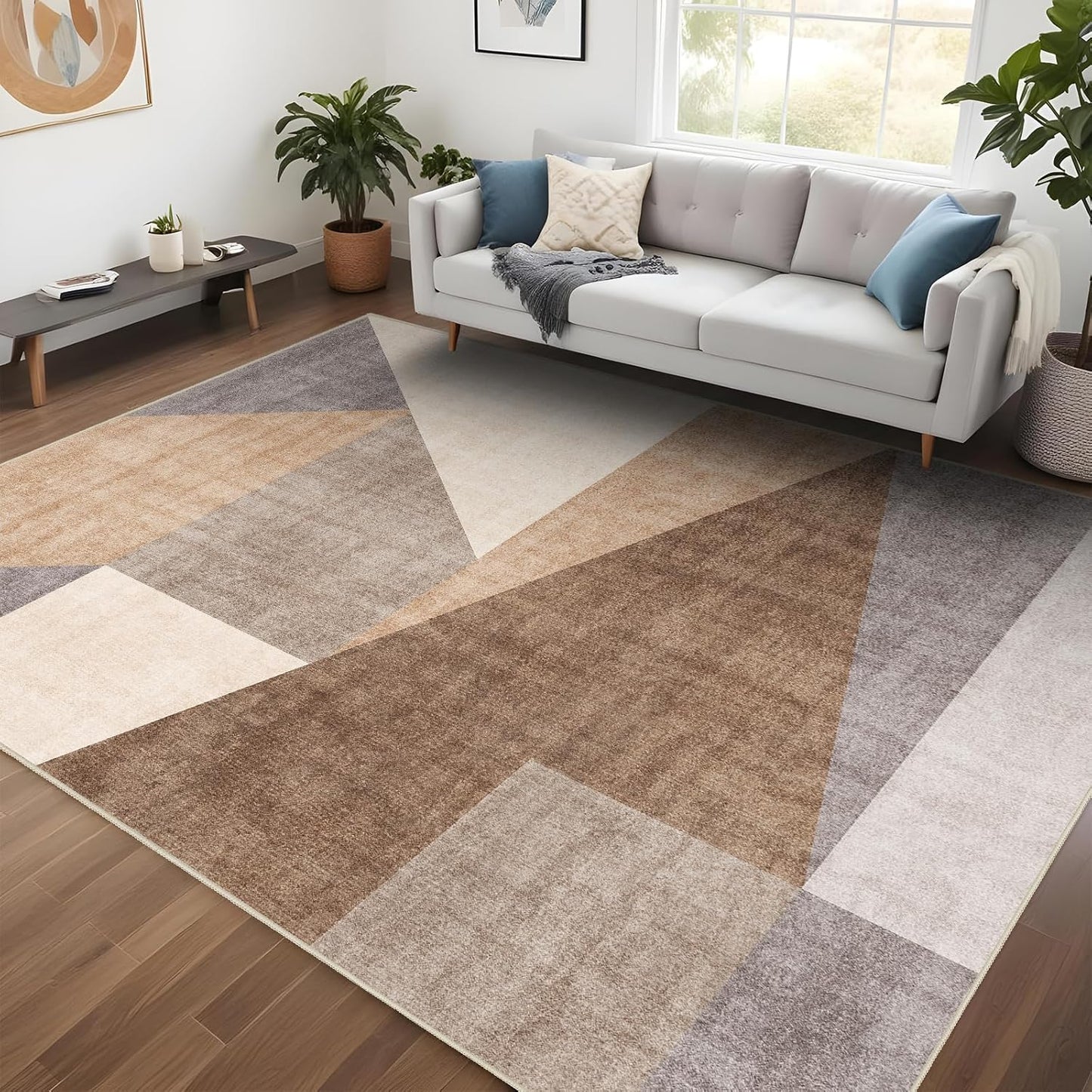 Washable Modern Area Rug: 10x14 Large Geometric Area Rugs for Living Room & Bedroom with Non-Slip Backing Modern Geometric Carpet for Living Room Brown Grey 10'x14'.