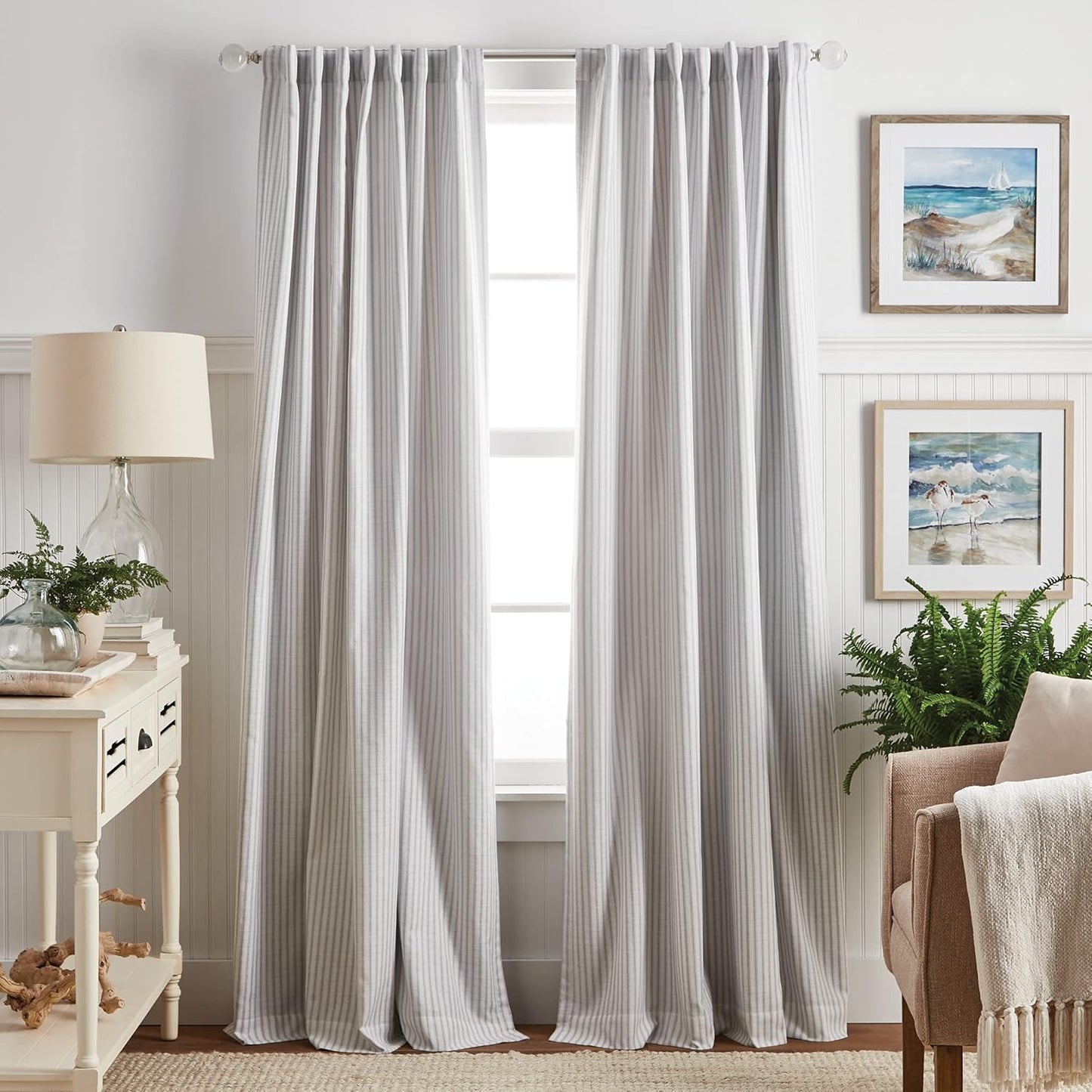 Martha Stewart Ticking Stripe Blackout Lining Rod Pocket/Back Tab Window Curtain Panel Pair, 95", White/Indigo