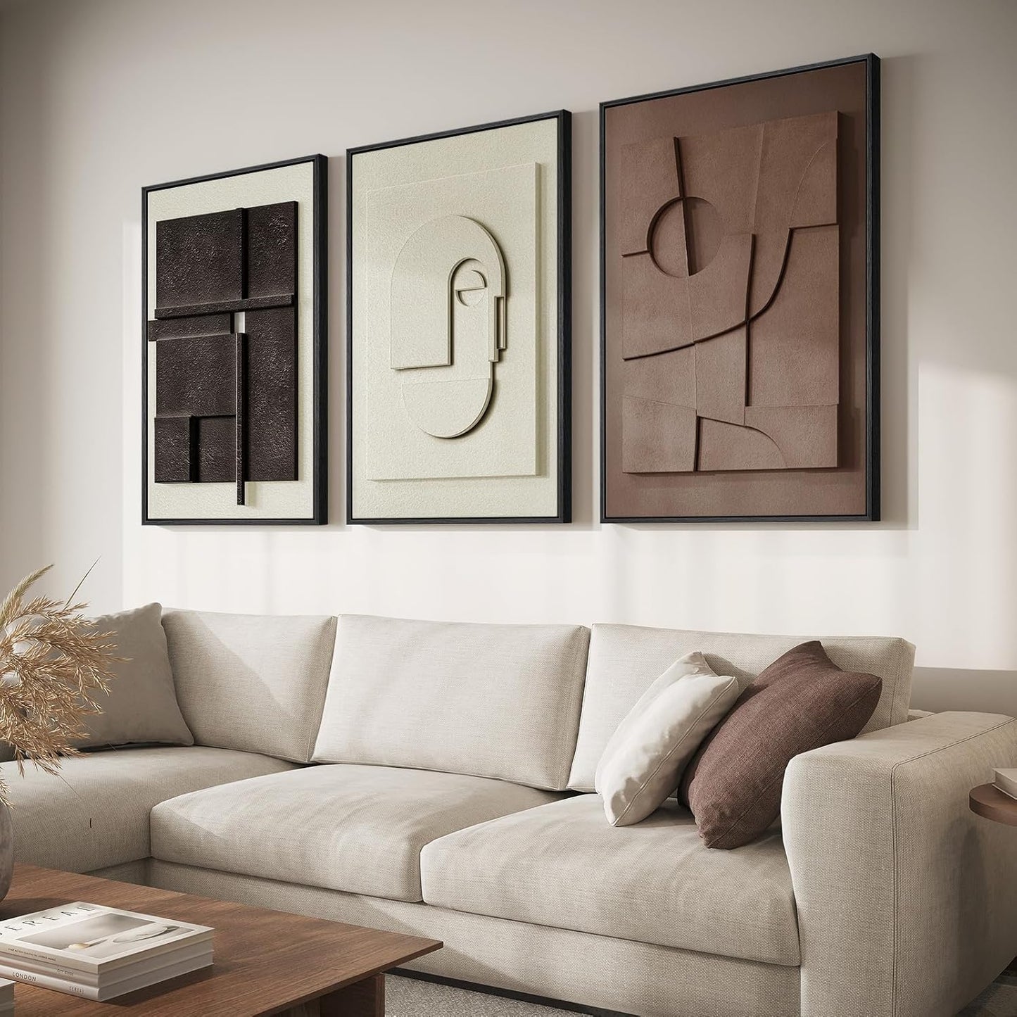 Large 3D Textured Framed Abstract Wall Art for Living Room, 3 Piece Modern Paintings Artwork for Walls, Black White Brown Geometric Sandstone Texture Pictures for Hallway Office Wall Decor 24x36 In