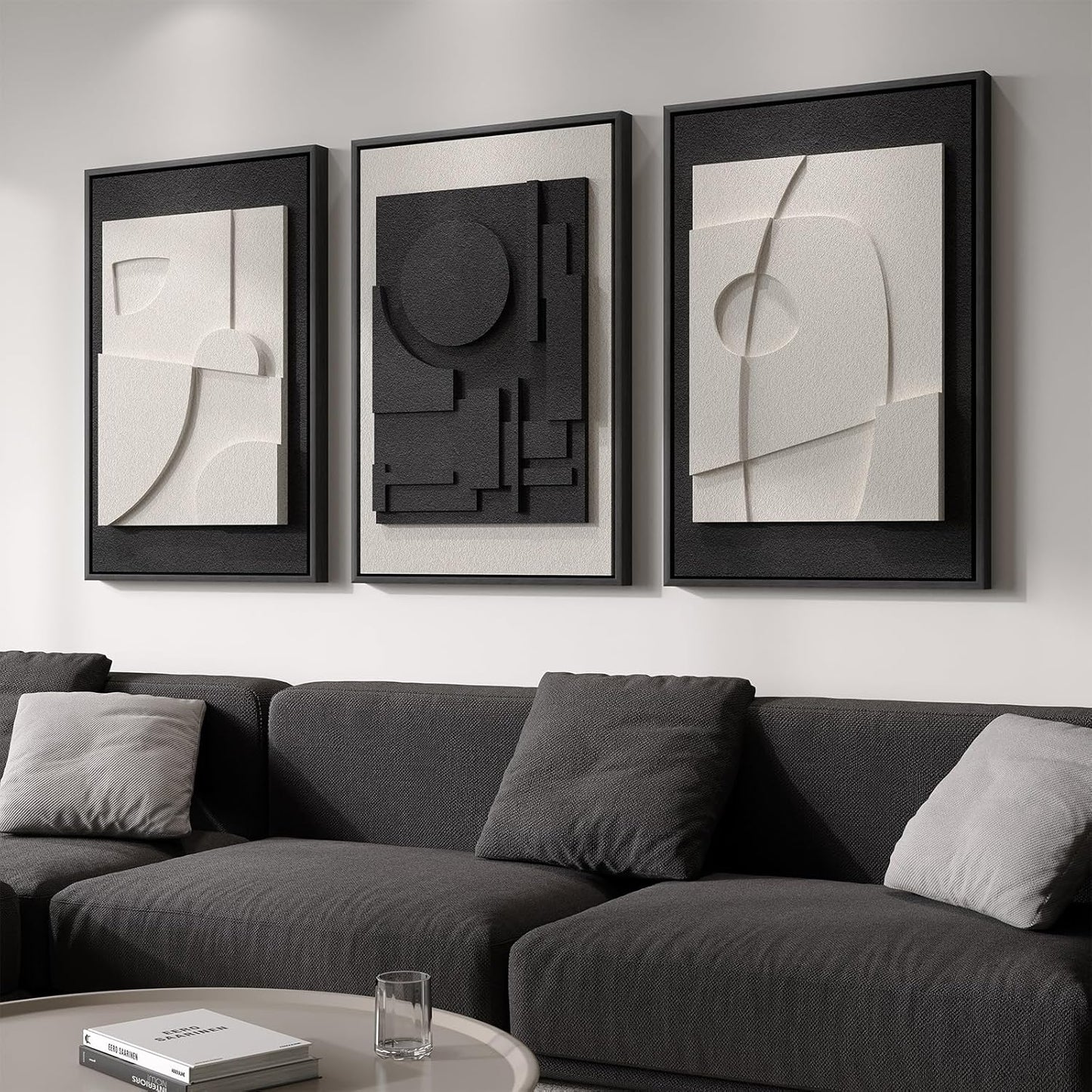 Large 3D Textured Framed Abstract Wall Art for Living Room, 3 Piece Modern Paintings Artwork for Walls, Black White Brown Geometric Sandstone Texture Pictures for Hallway Office Wall Decor 24x36 In