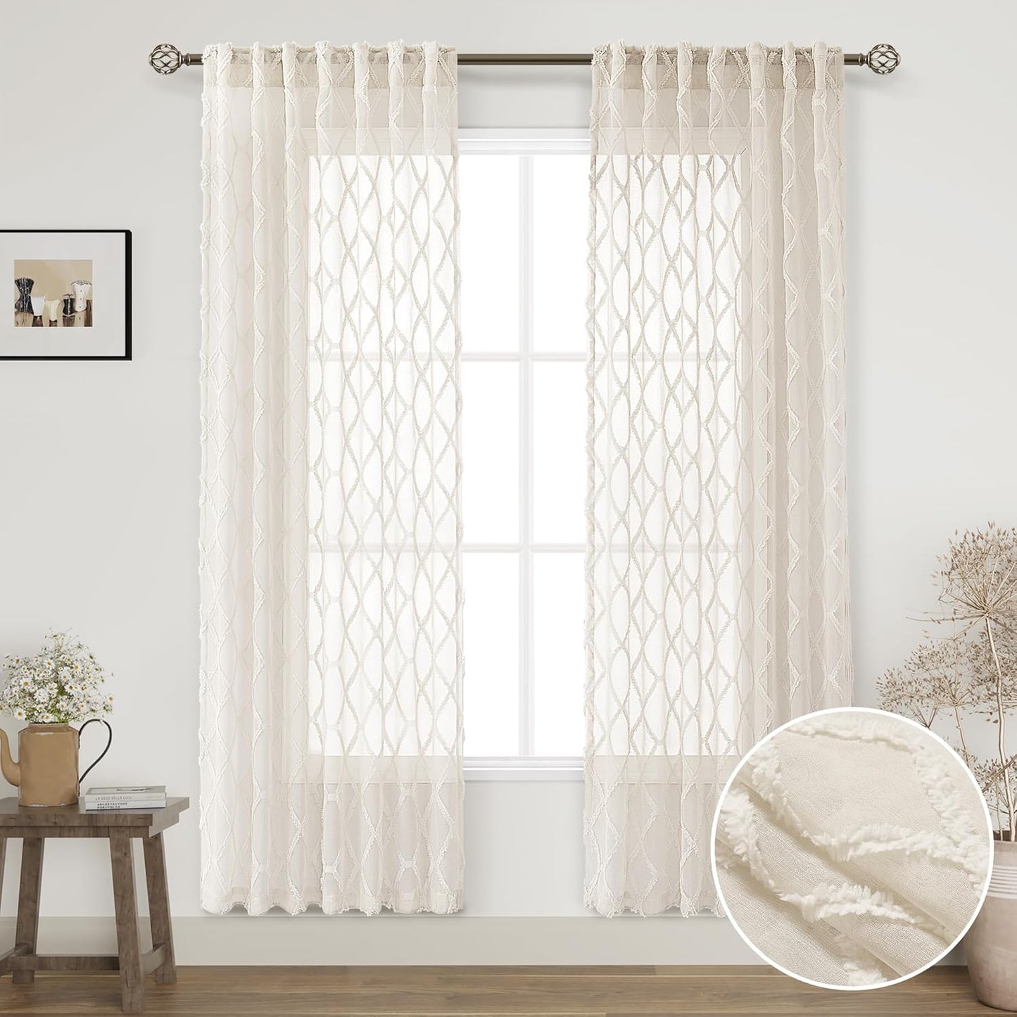 Beige Sheer Curtains 84 Inches Long for Living Room Rod Pocket Back Tab Sand Taupe Tan Semi Sheer Curtain Geometric Embroidered Tuft Pom Textured Drapes Earth Tone Farmhouse Rustic Bedroom Nursery