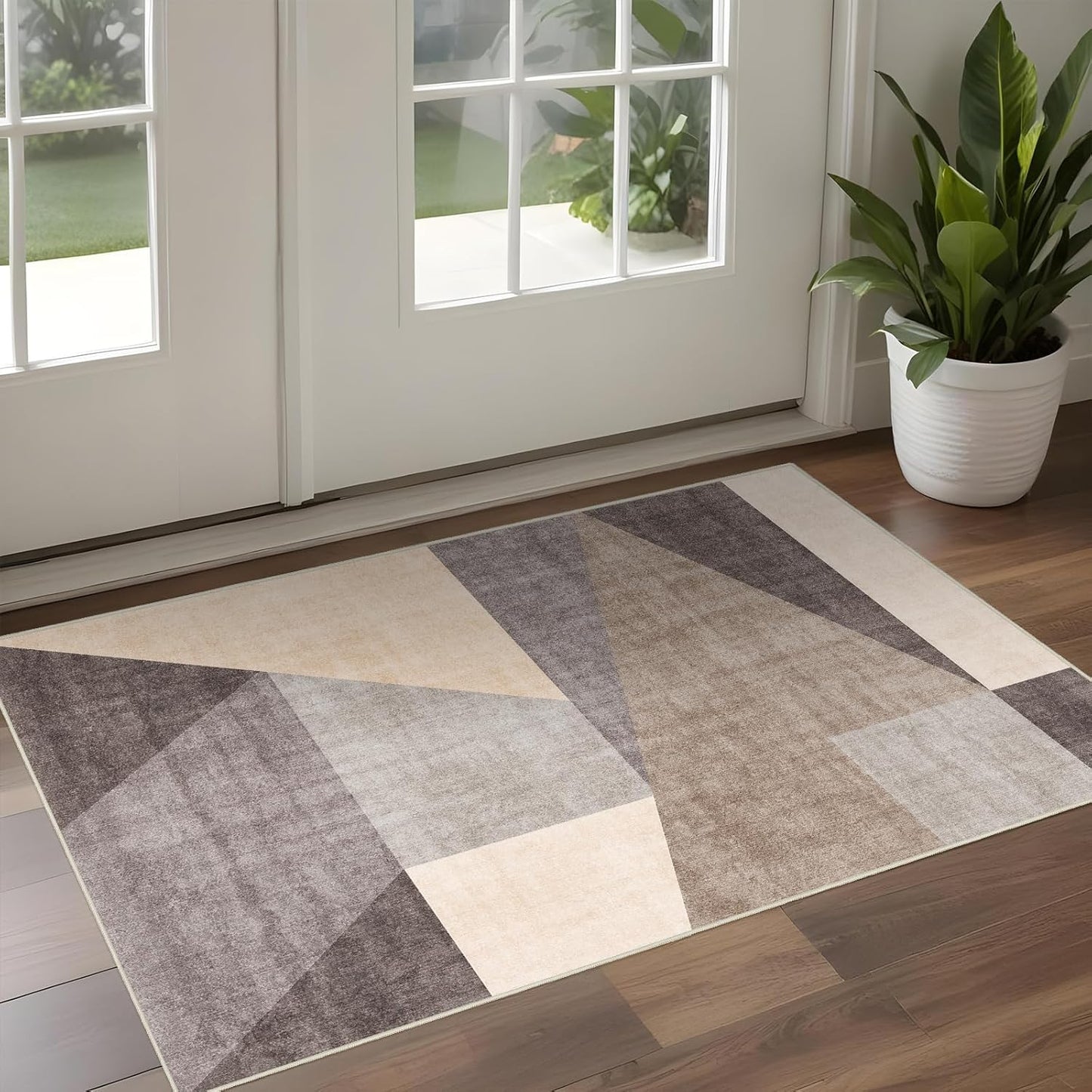 Washable Modern Area Rug: 10x14 Large Geometric Area Rugs for Living Room & Bedroom with Non-Slip Backing Modern Geometric Carpet for Living Room Brown Grey 10'x14'.