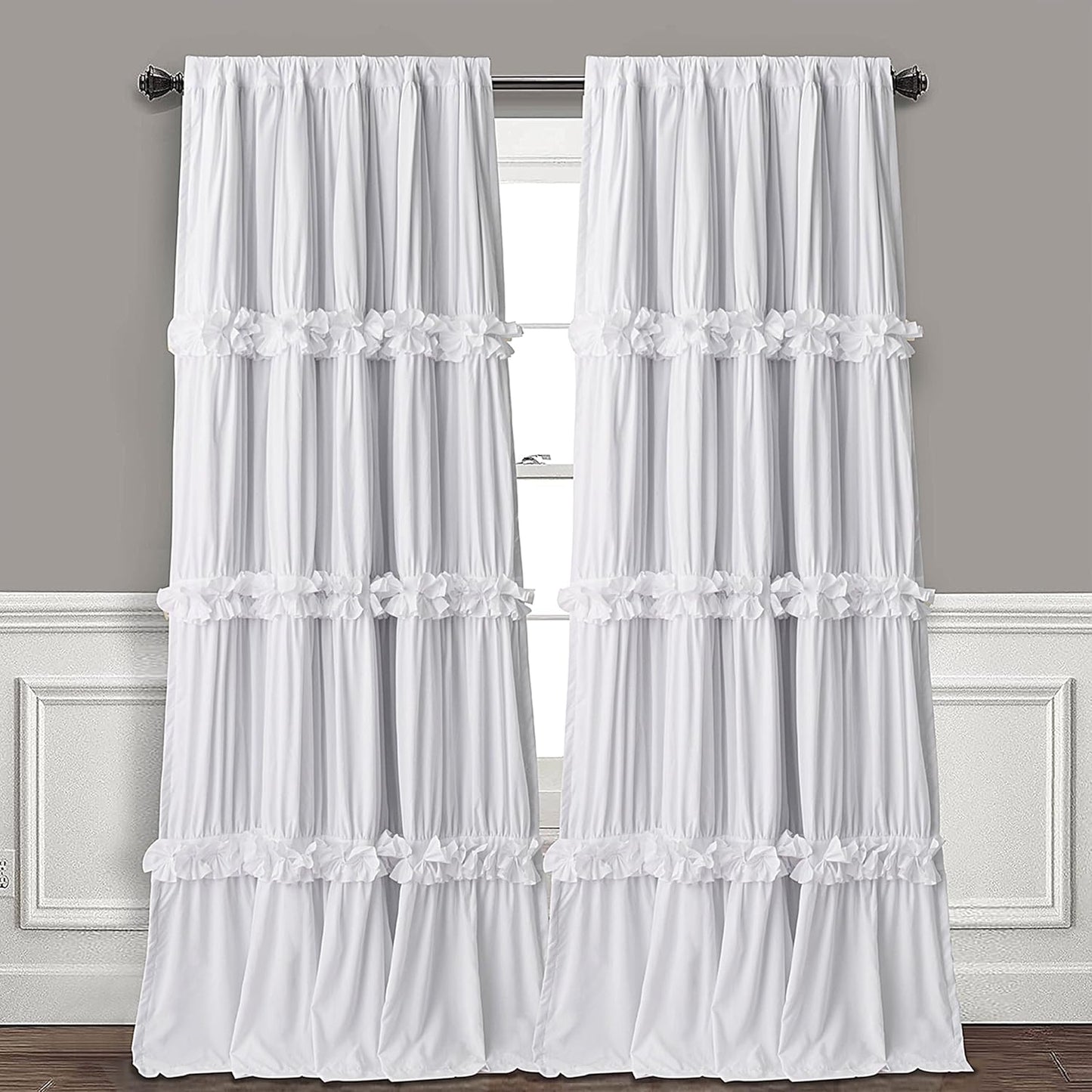 Thermal Insulated Blackout Window Curtains, 54" W x 84" L x 2 Panels, Boho Ruched Window Treatments with 3 Rows of Butterfly Flowers, Rustic Rod Pocket Drapes for Room, White (LQ-30)