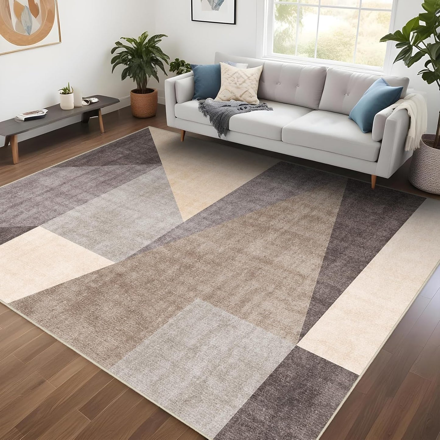 Washable Modern Area Rug: 10x14 Large Geometric Area Rugs for Living Room & Bedroom with Non-Slip Backing Modern Geometric Carpet for Living Room Brown Grey 10'x14'.