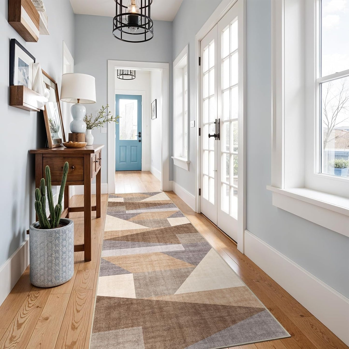 Washable Modern Area Rug: 10x14 Large Geometric Area Rugs for Living Room & Bedroom with Non-Slip Backing Modern Geometric Carpet for Living Room Brown Grey 10'x14'.