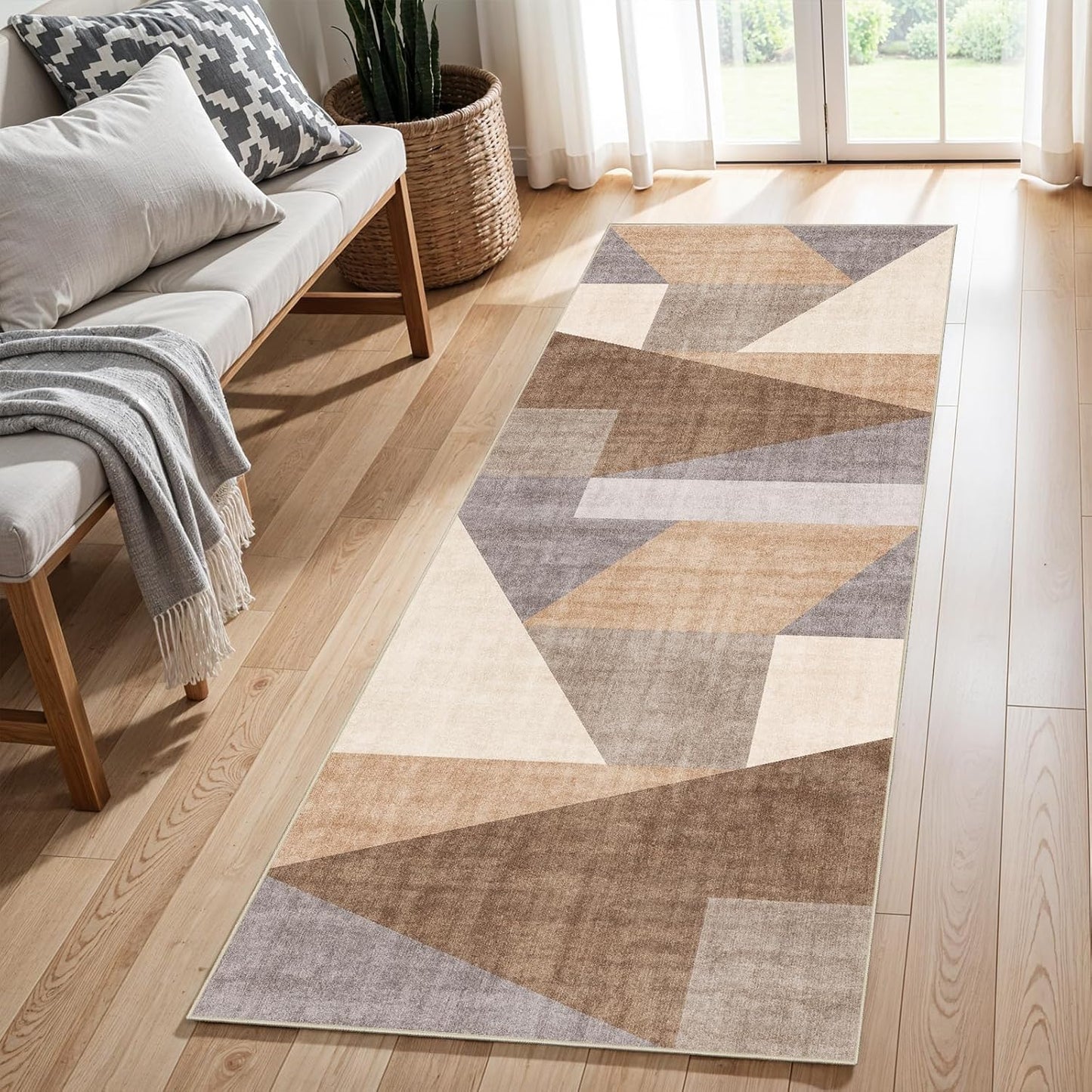 Washable Modern Area Rug: 10x14 Large Geometric Area Rugs for Living Room & Bedroom with Non-Slip Backing Modern Geometric Carpet for Living Room Brown Grey 10'x14'.